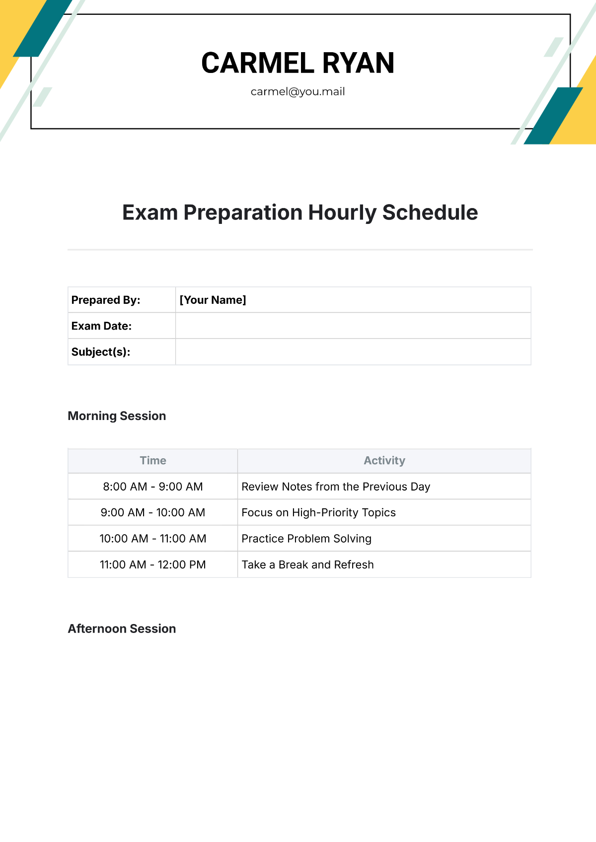 Exam Preparation Hourly Schedule Template - Edit Online & Download