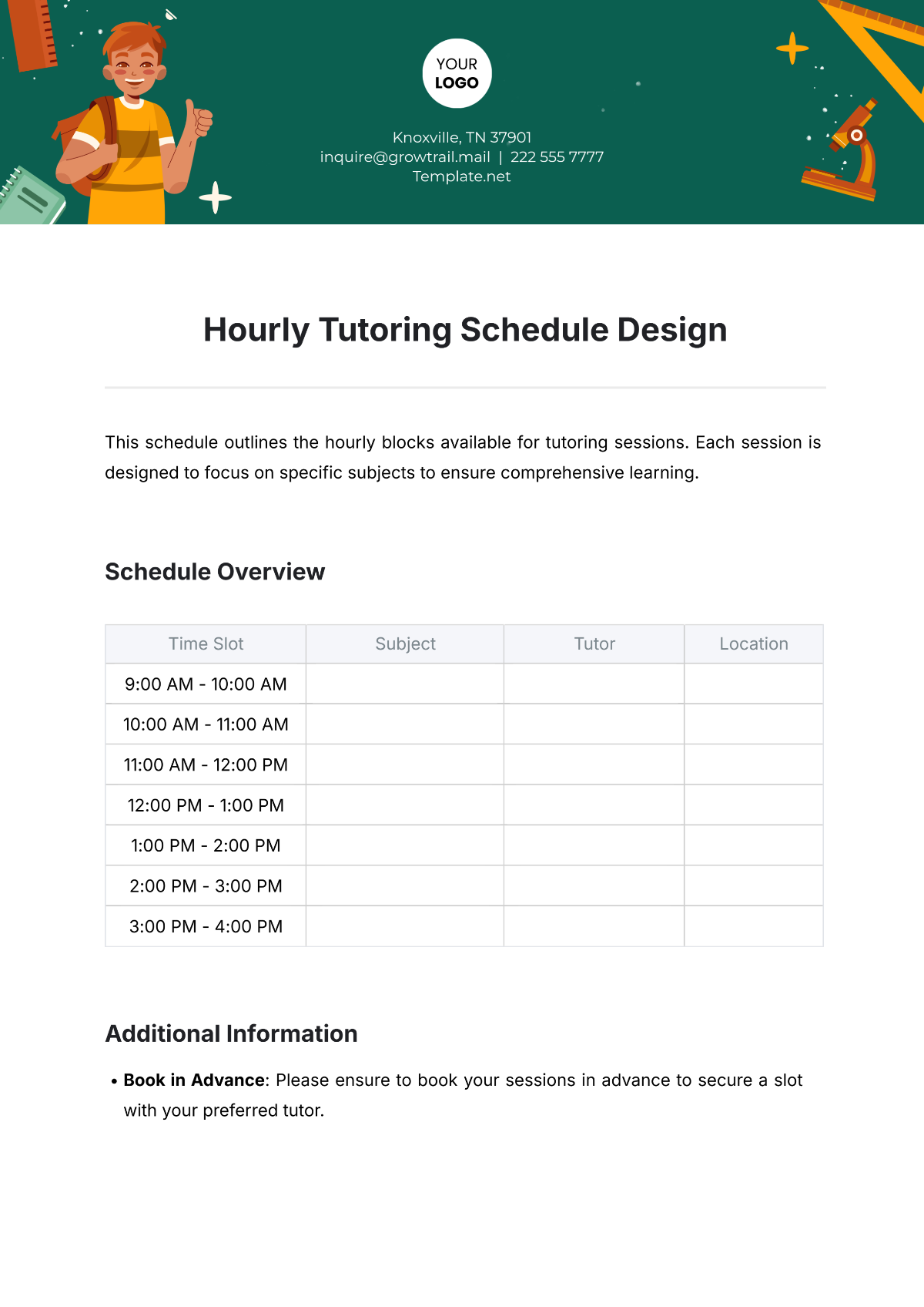 Hourly Tutoring Schedule Design Template - Edit Online & Download