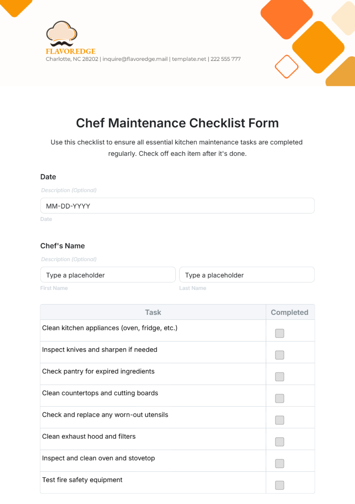 Free Chef Maintenance Checklist Form Template