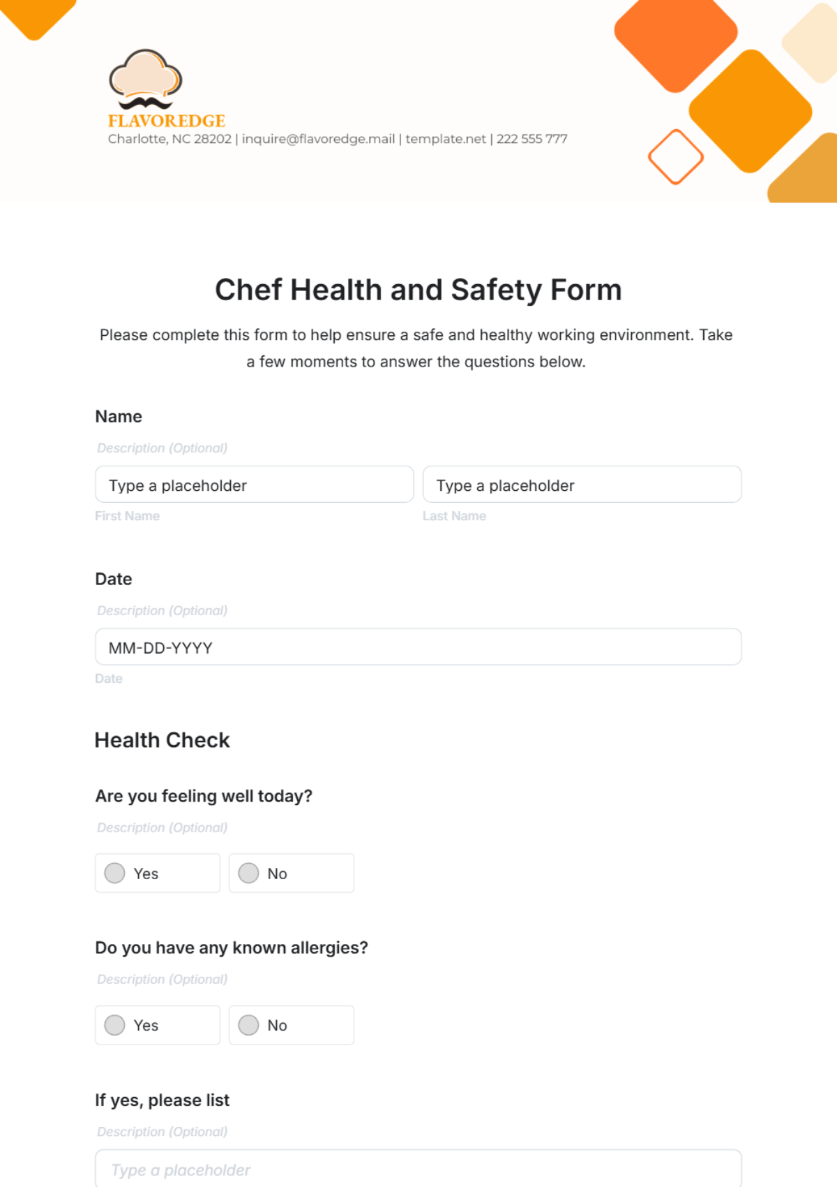 Free Chef Health and Safety Form Template