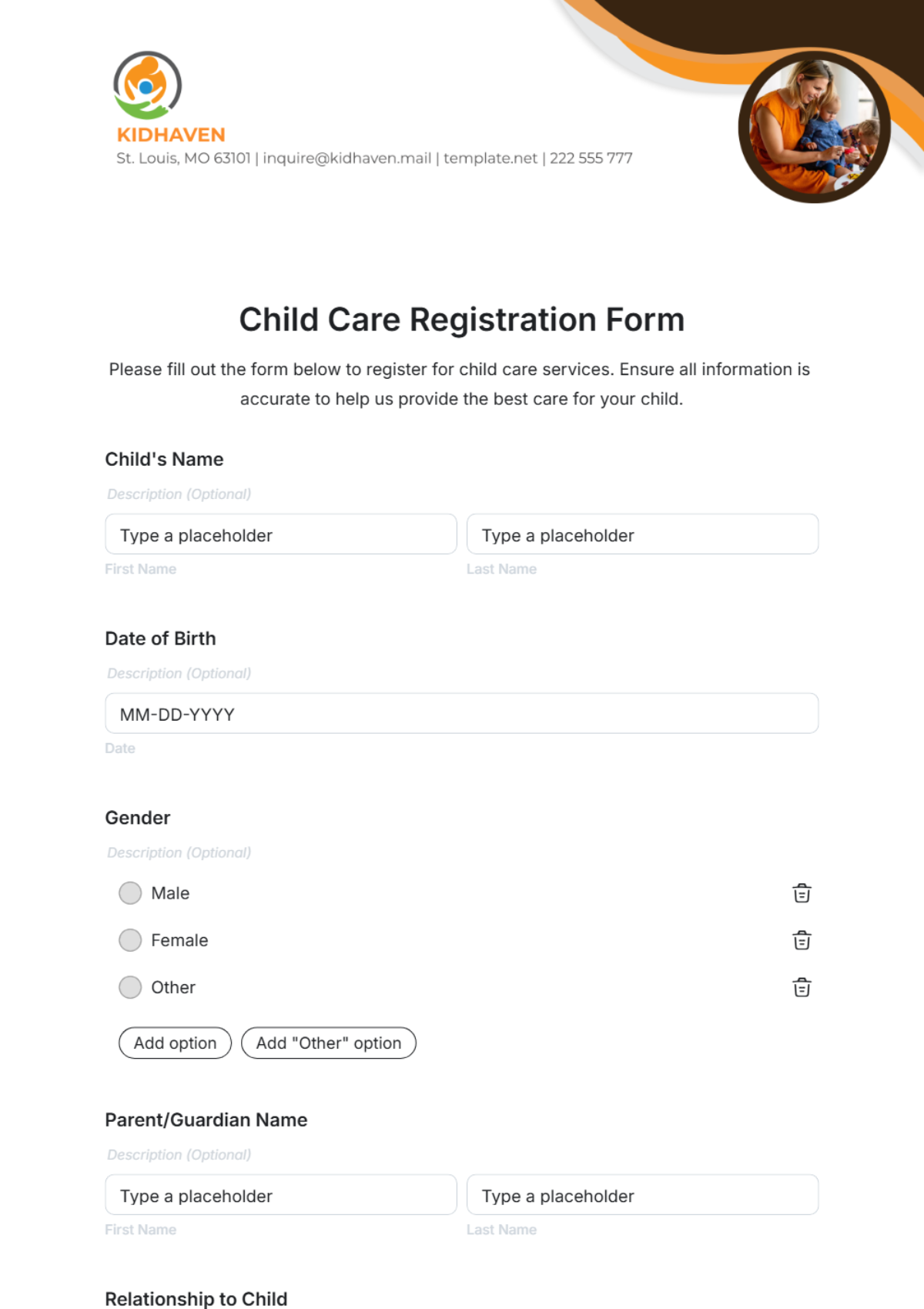 Free Child Care Registration Form Template