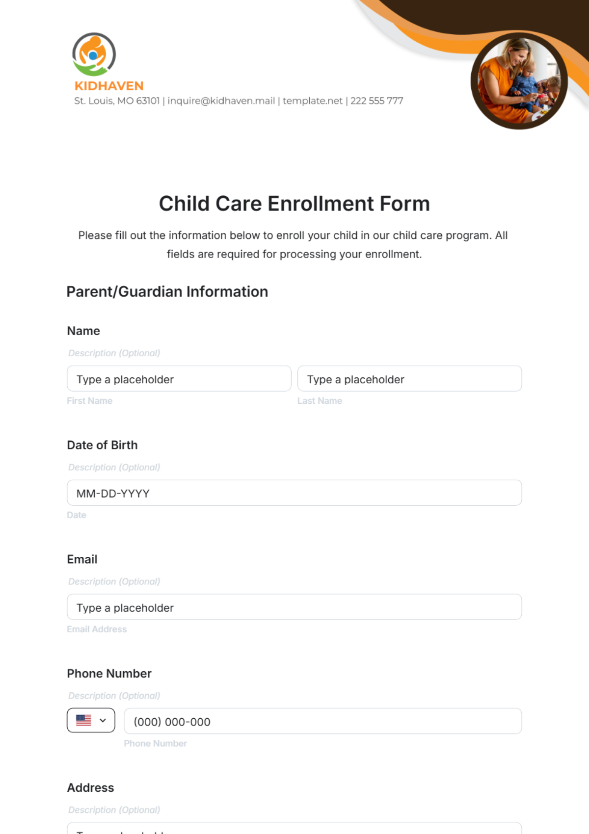 Free Child Care Enrollment Form Template