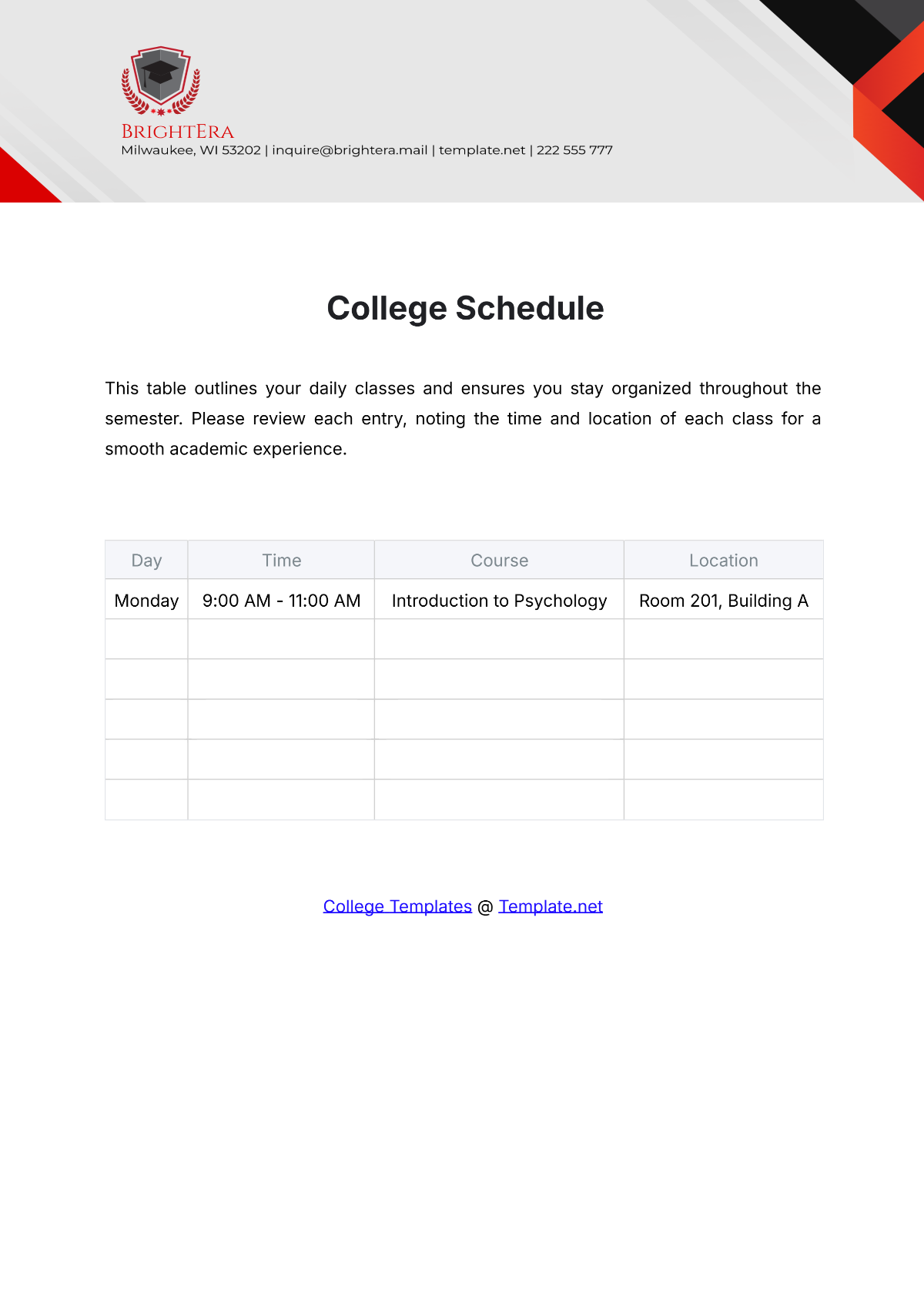 Free College Schedule Template