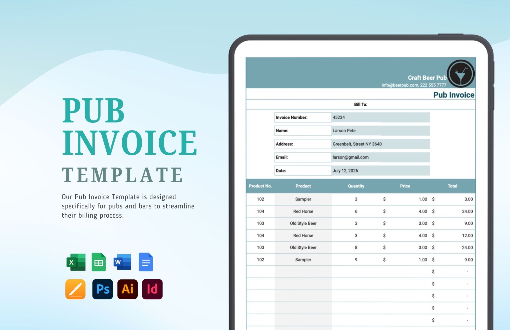 Pub Invoice Template in Word, Google Docs, Excel, Google Sheets, Illustrator, PSD, Apple Pages, InDesign