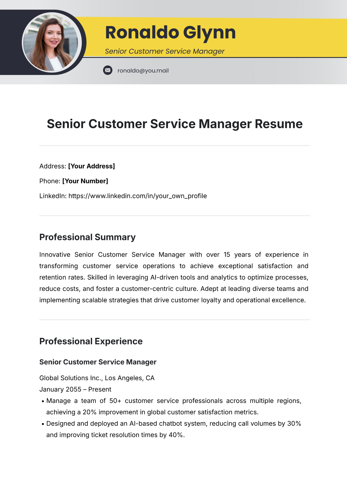 Free Senior Customer Service Manager Resume Template