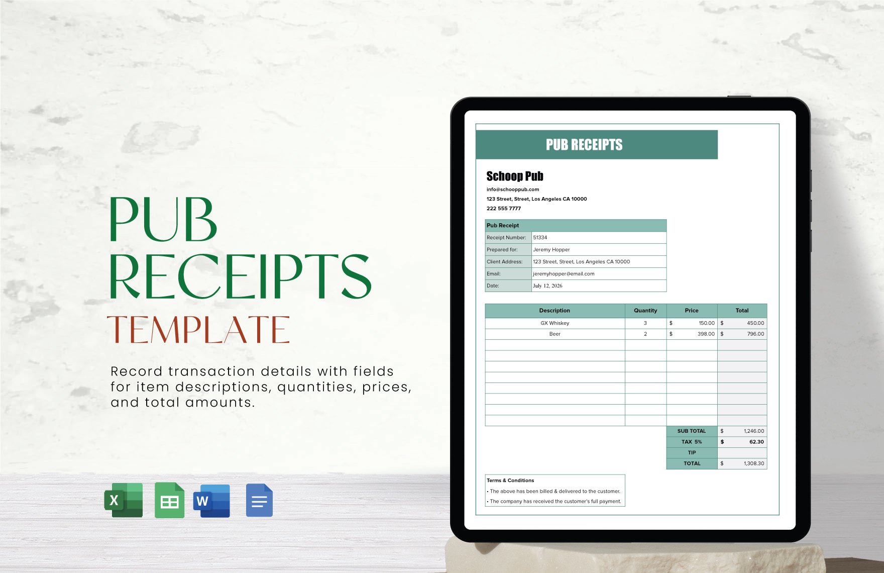 Free Pub Receipts Template in Word, Google Docs, Excel, Google Sheets