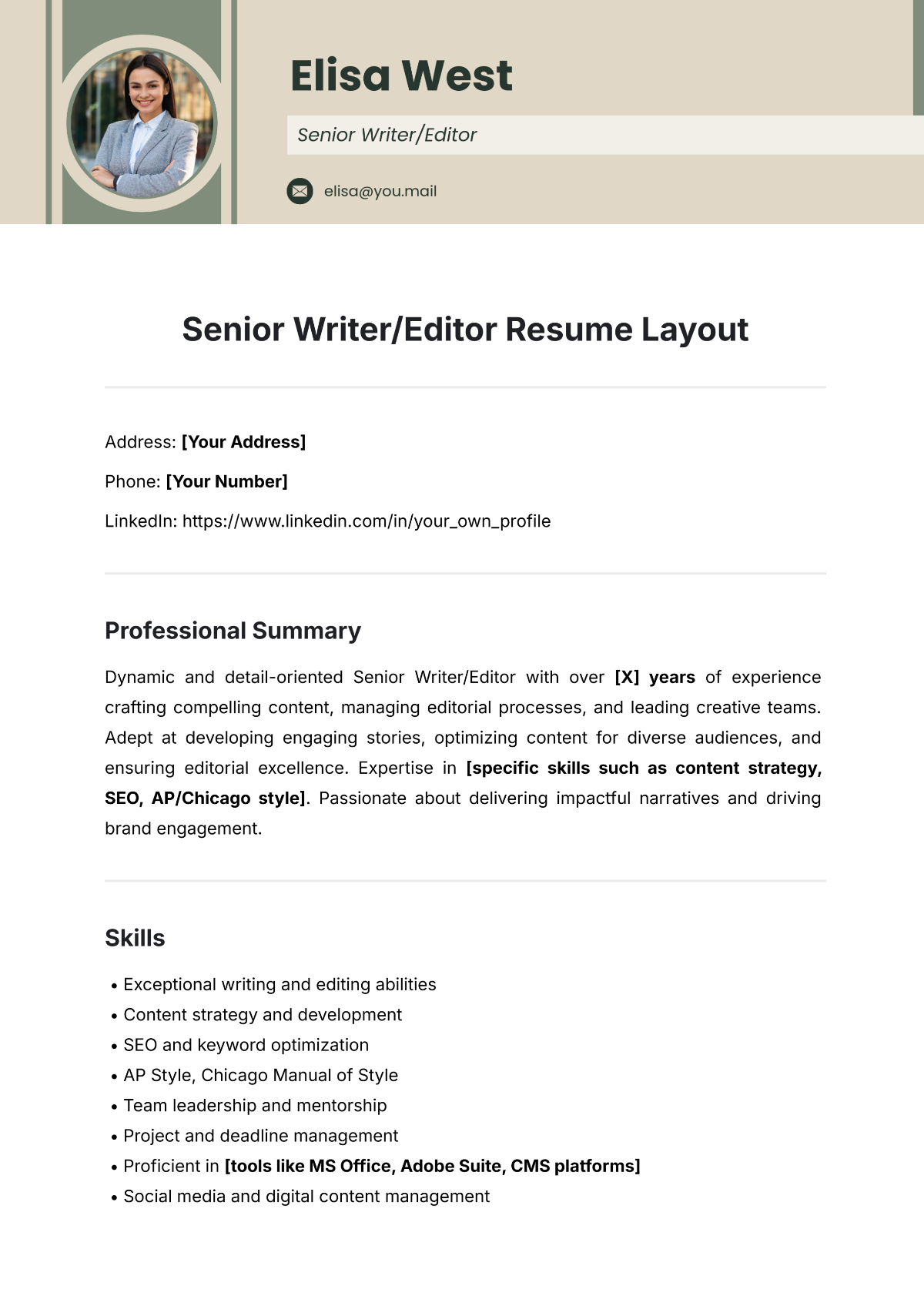 Free Senior Writer/Editor Resume Layout Template