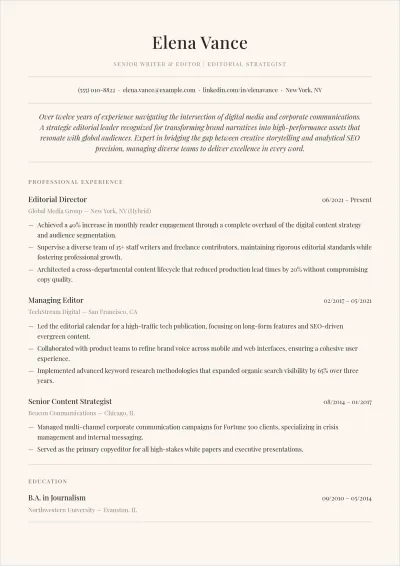 Free Senior Writer/Editor ATS Resume Template, AI Resume Builder