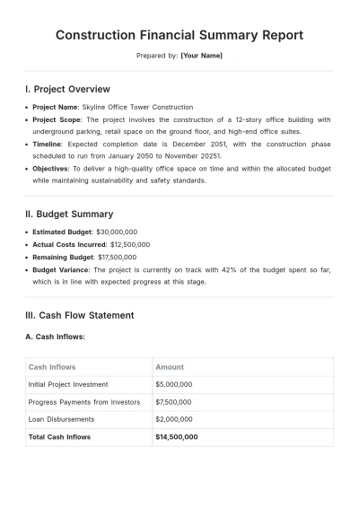 Free Construction Financial Summary Report Template to Edit Online