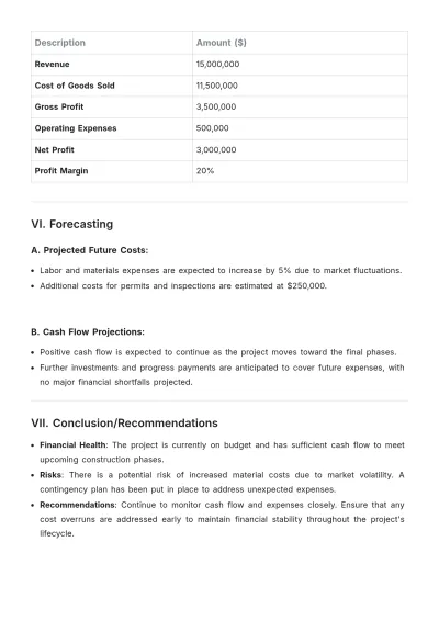 Free Construction Financial Summary Report Template to Edit Online