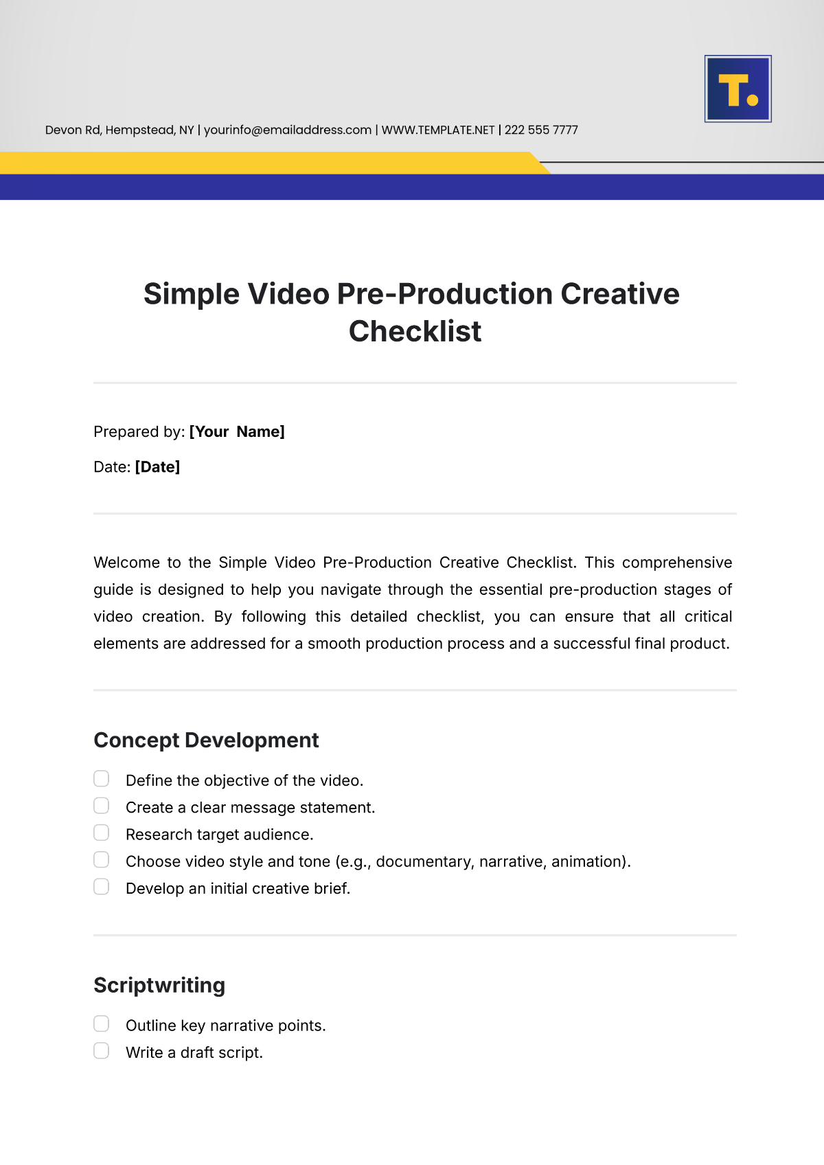 Free Simple Video Pre-Production  Creative Checklist Template