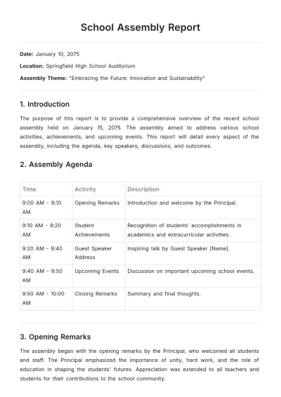 Free School Assembly Report Template to Edit Online