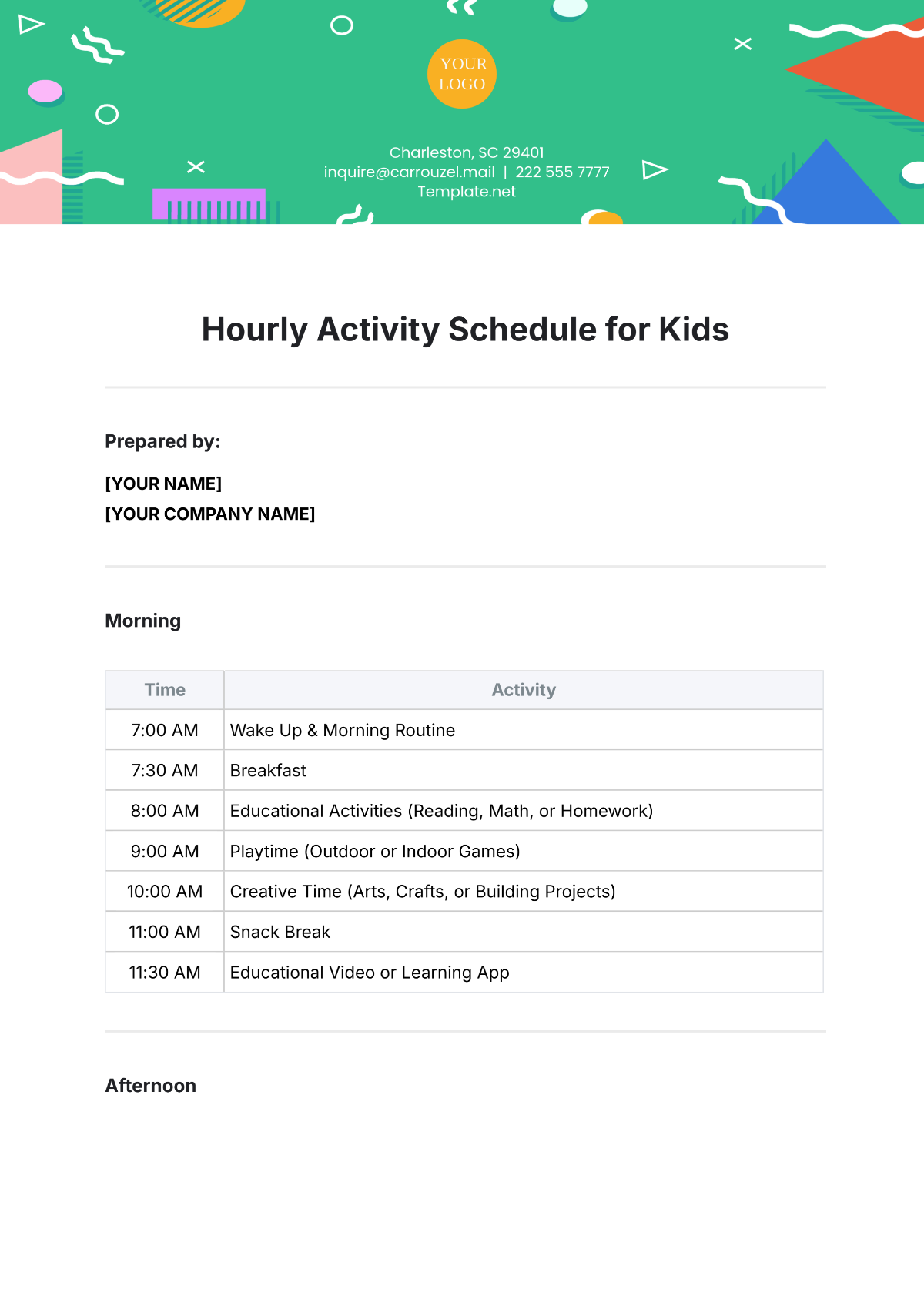 Hourly Activity Schedule Template for Kids - Edit Online & Download