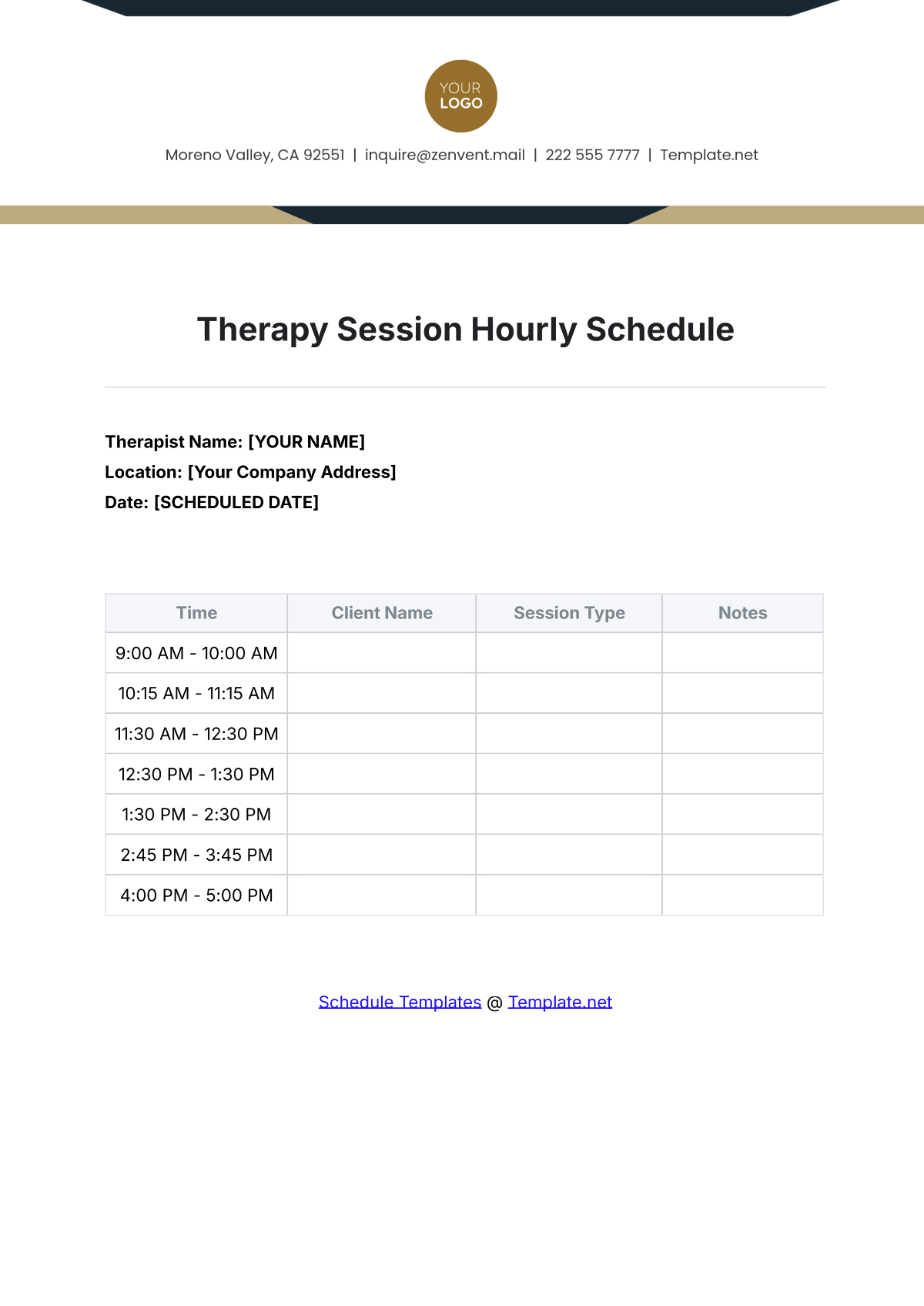 Therapy Session Hourly Schedule Template - Edit Online & Download