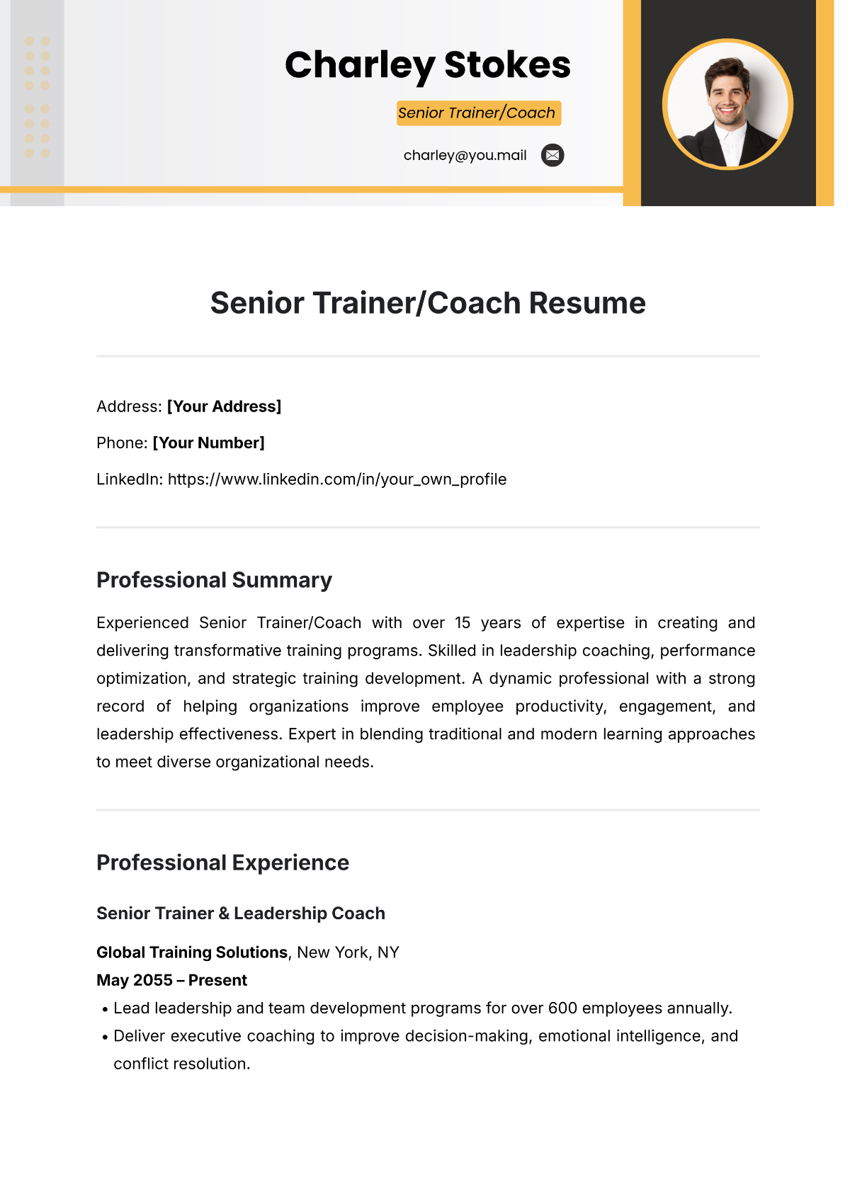 Free Senior Trainer/Coach Resume Template