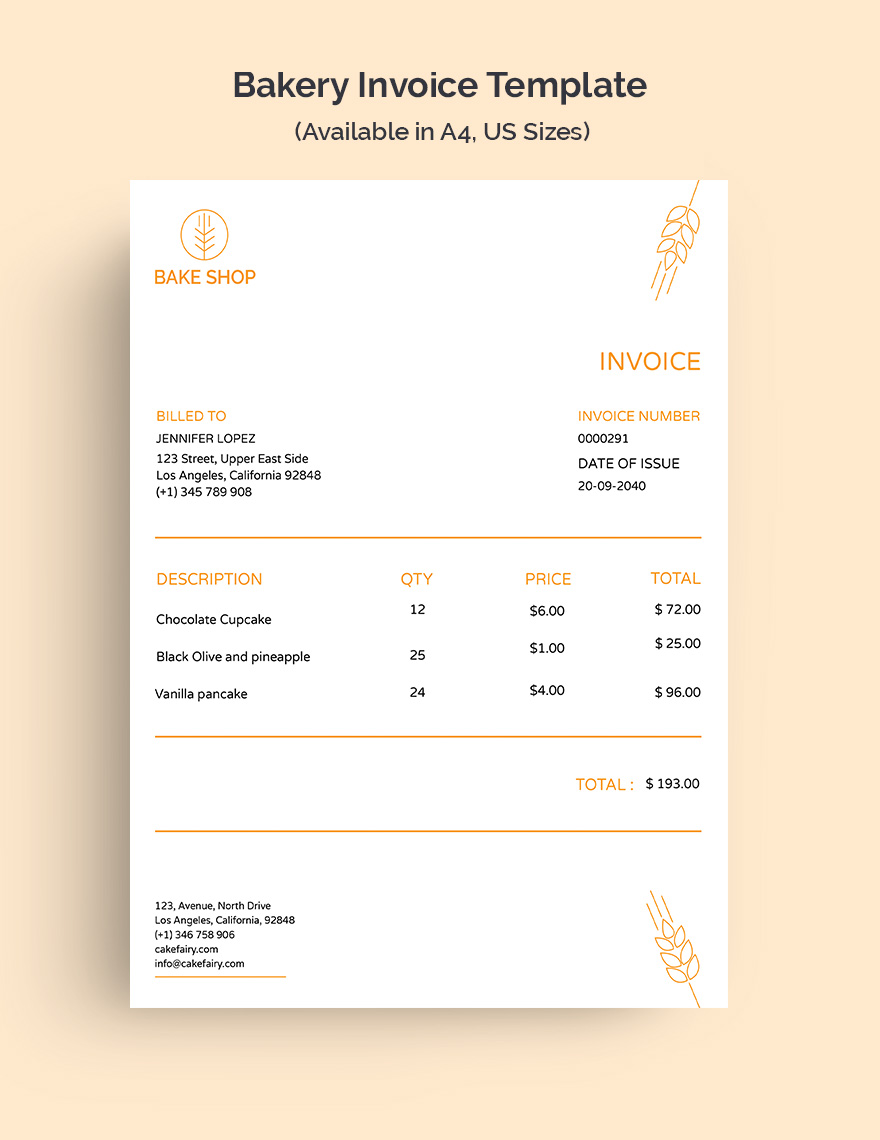 Bakery Business Invoice Template