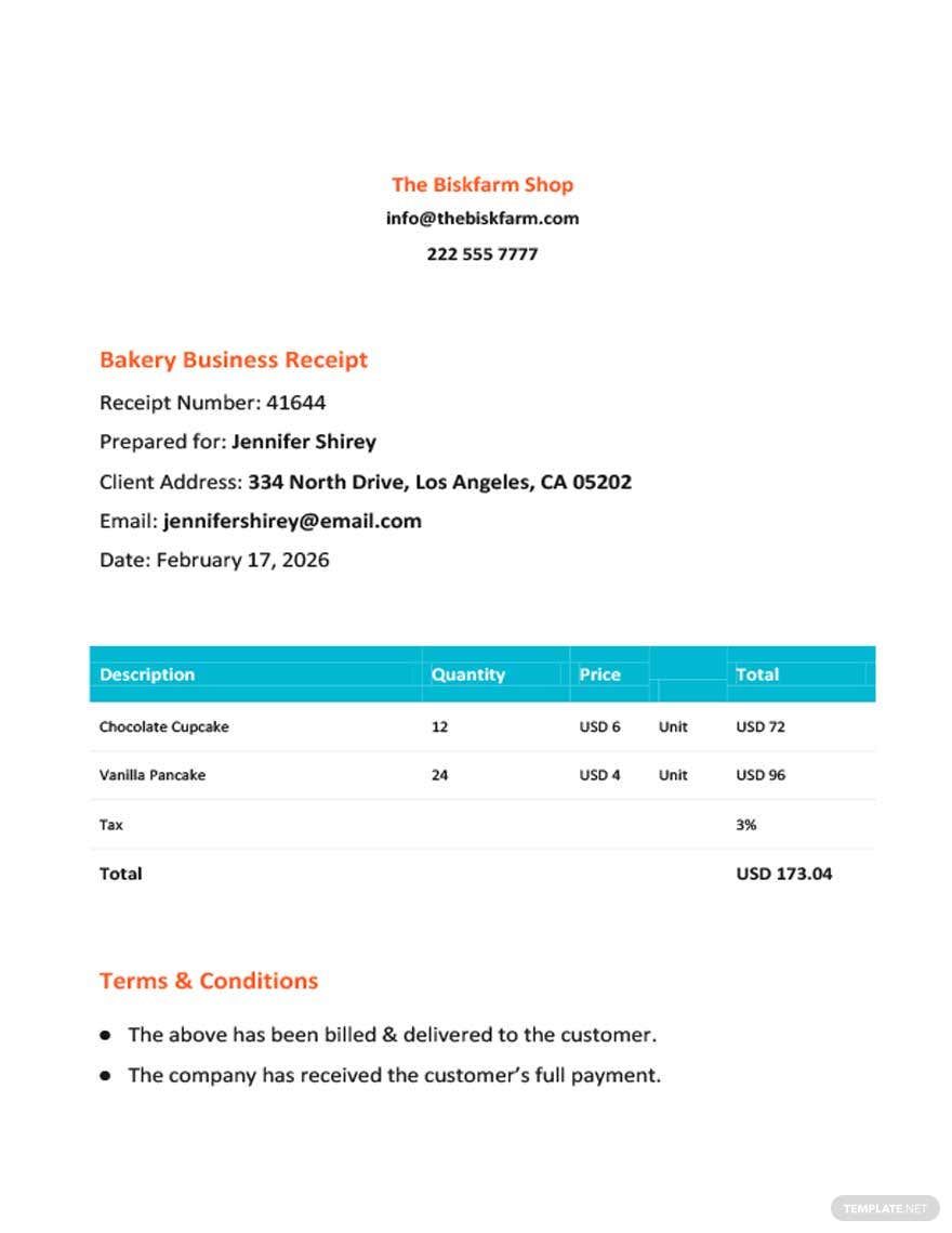 Bakery Business Invoice Template in Word, Google Docs, Google Sheets, Illustrator, PSD, Apple Pages, InDesign