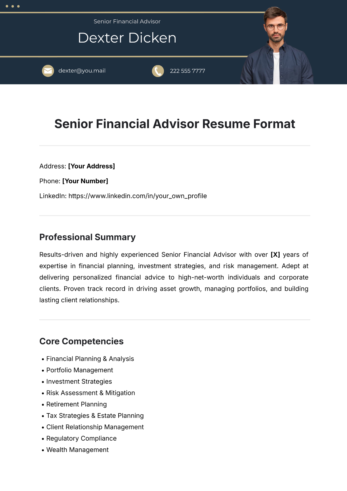 Free Senior Financial Advisor Resume Format Template