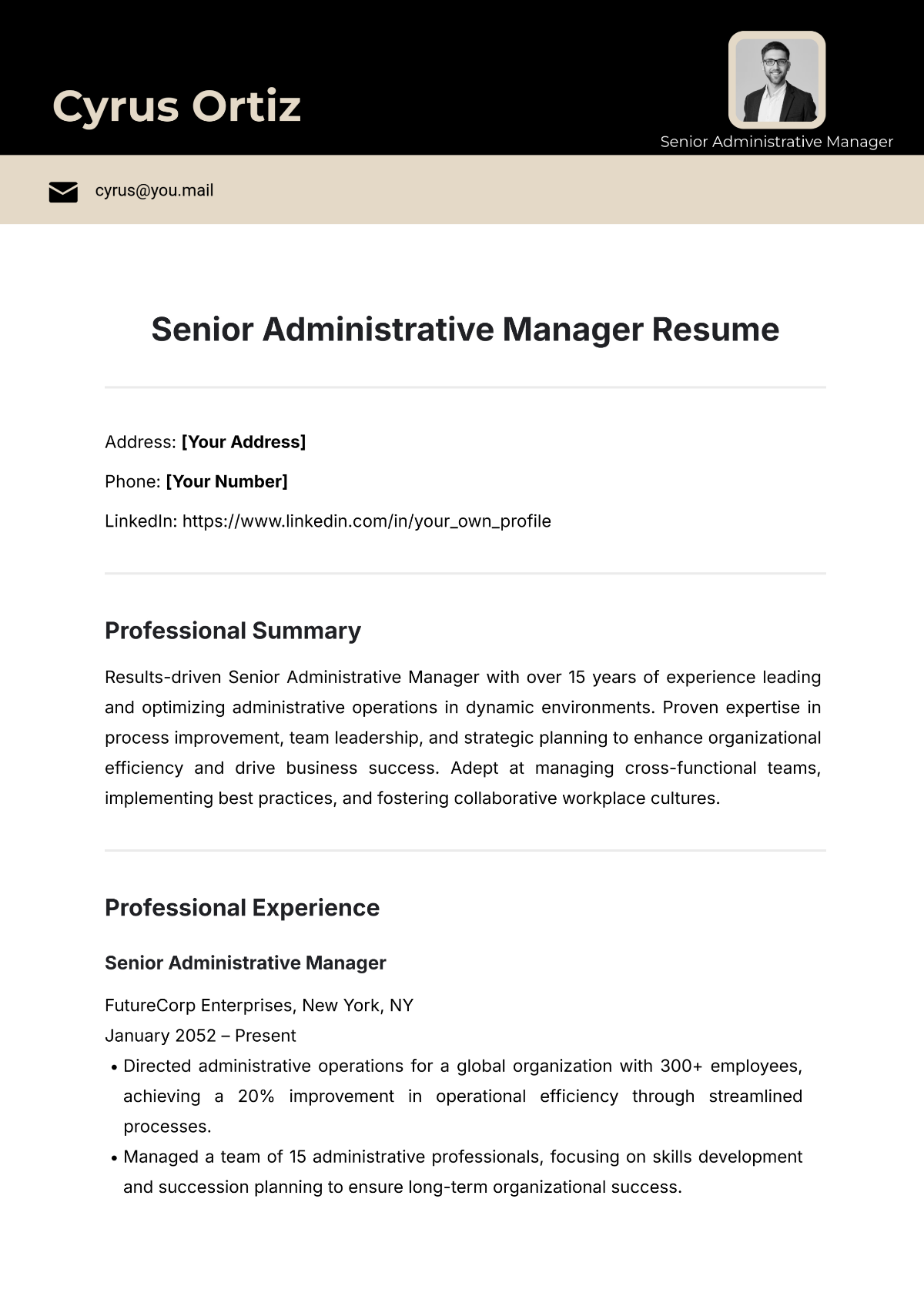 Free Senior Administrative Manager Resume Template