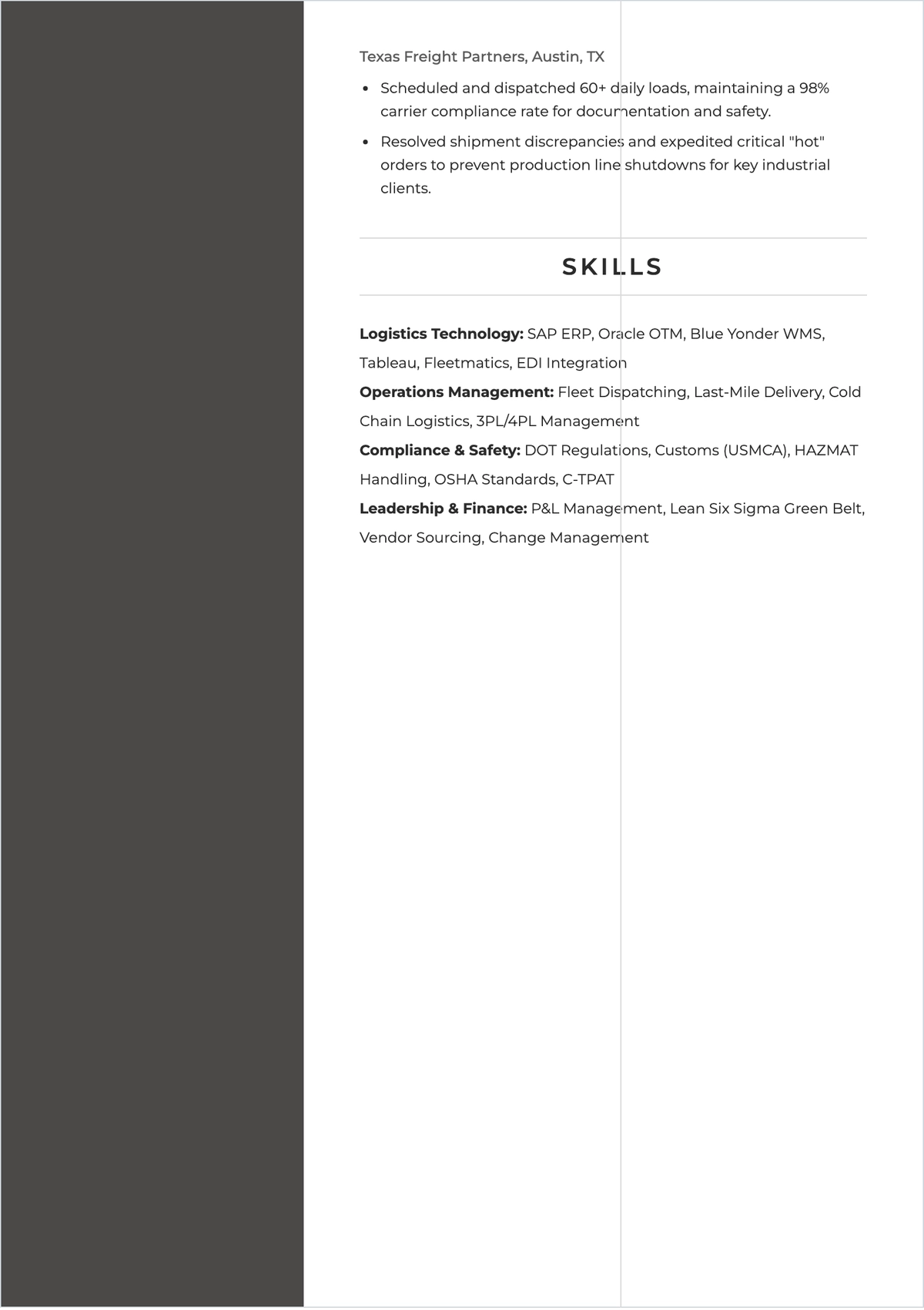 Free Senior Logistics Manager ATS Resume Template, AI Resume Builder