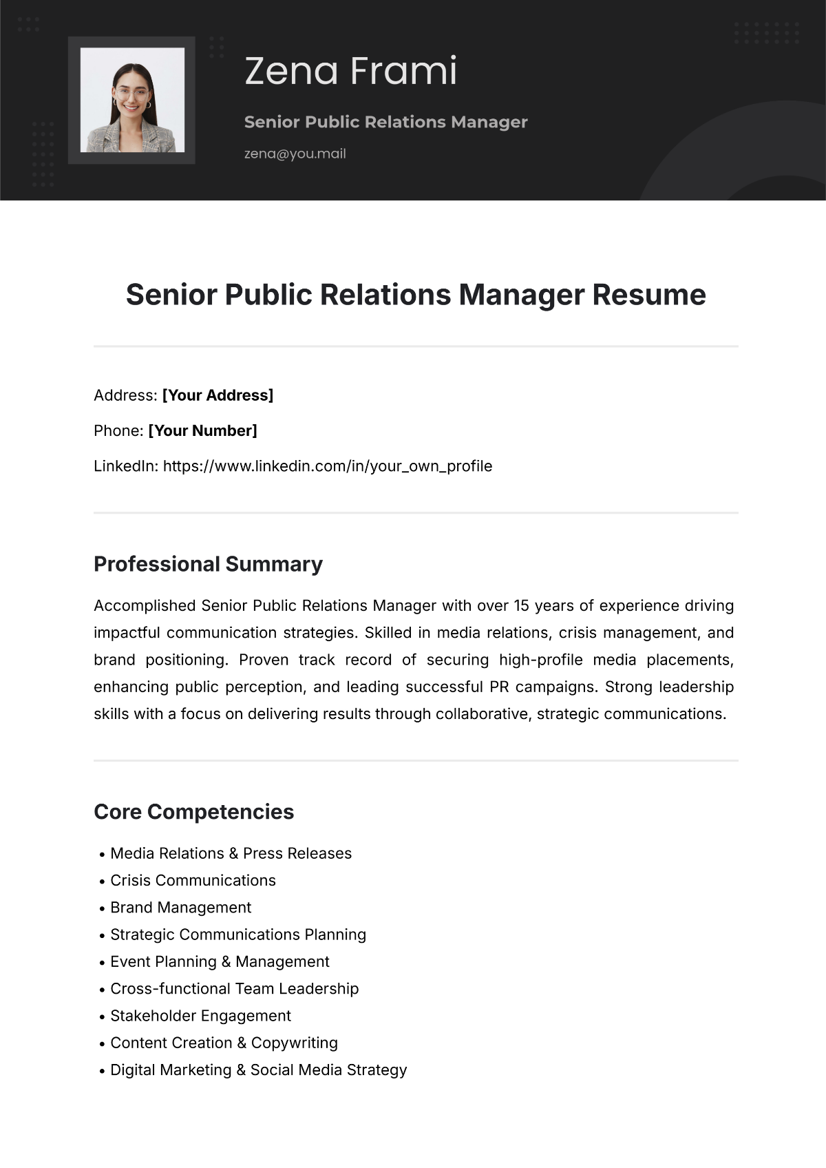 Free Senior Public Relations Manager Resume Template