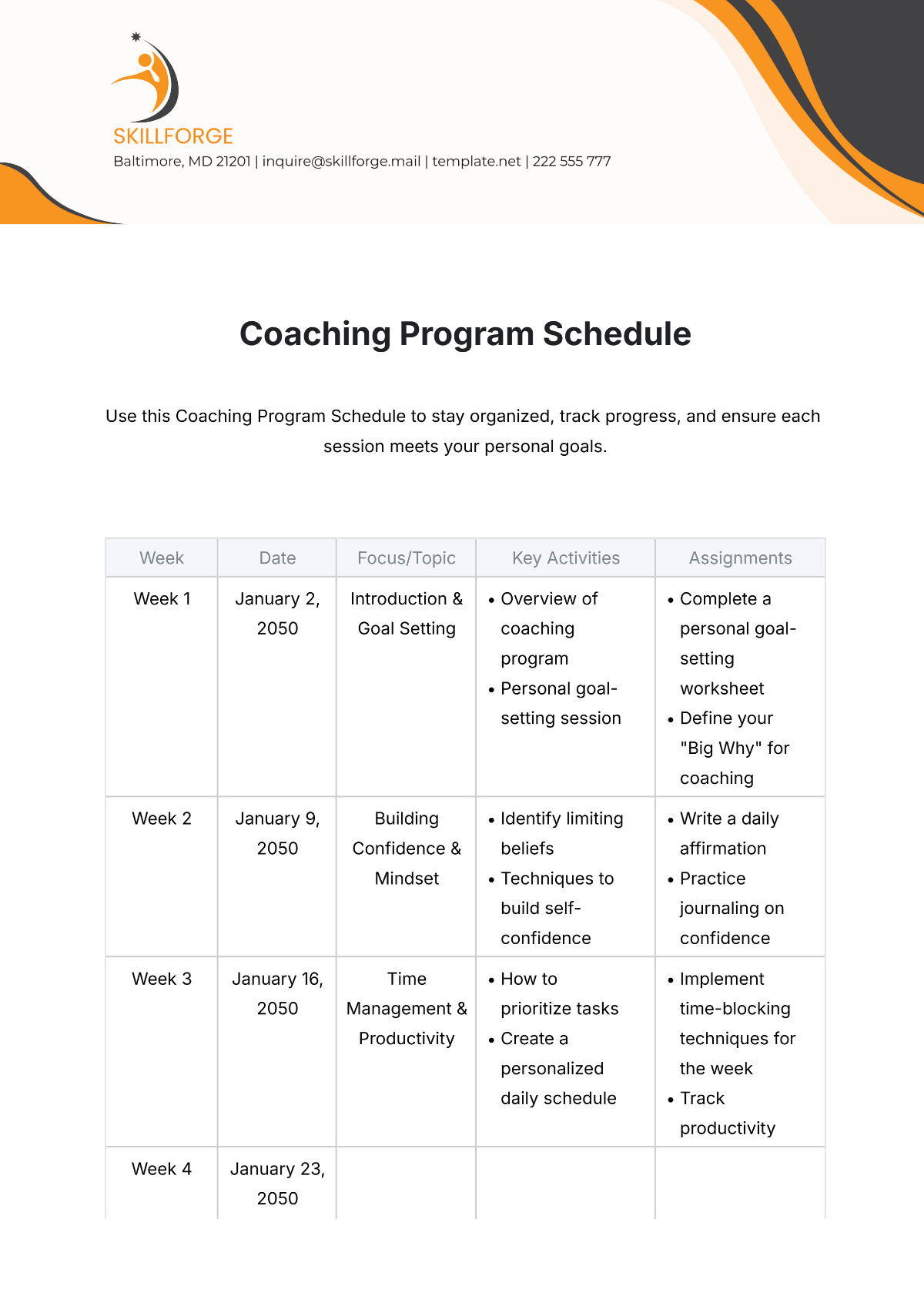 Coaching Program Schedule Template - Edit Online & Download