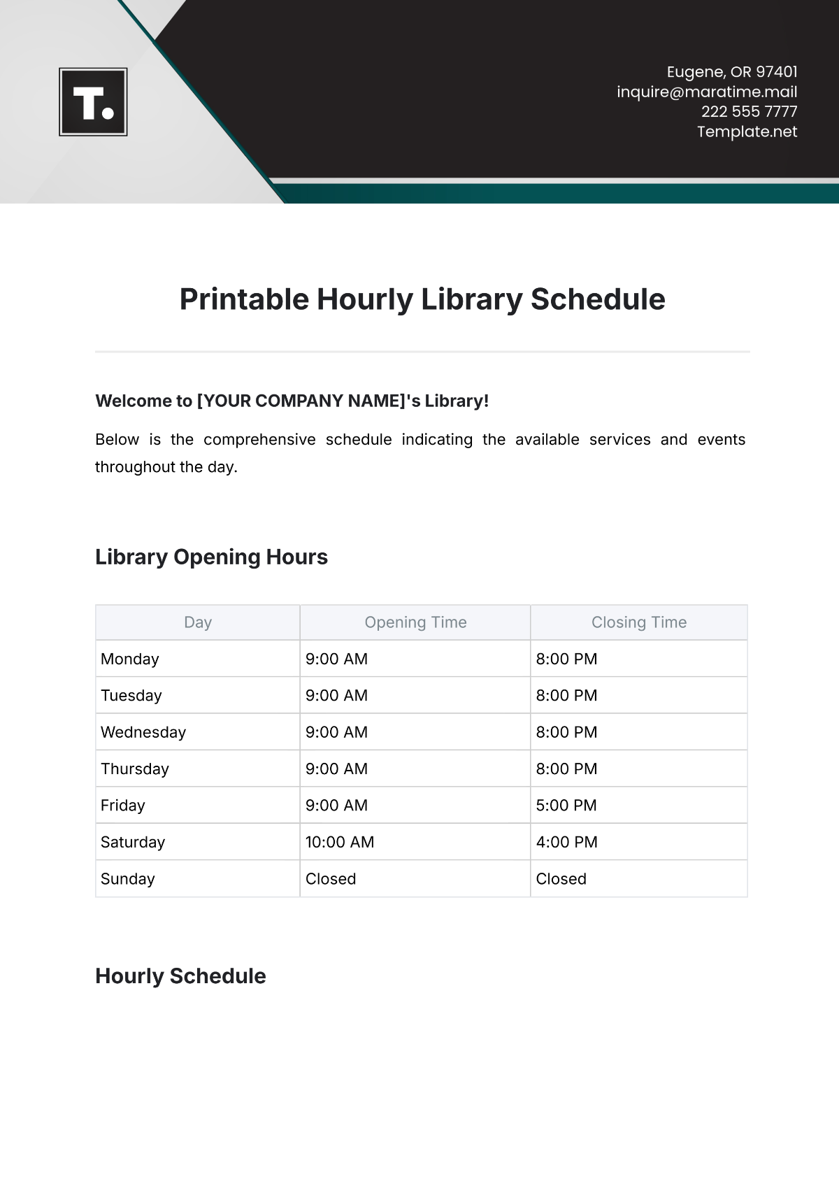 Printable Hourly Library Schedule Template - Edit Online & Download