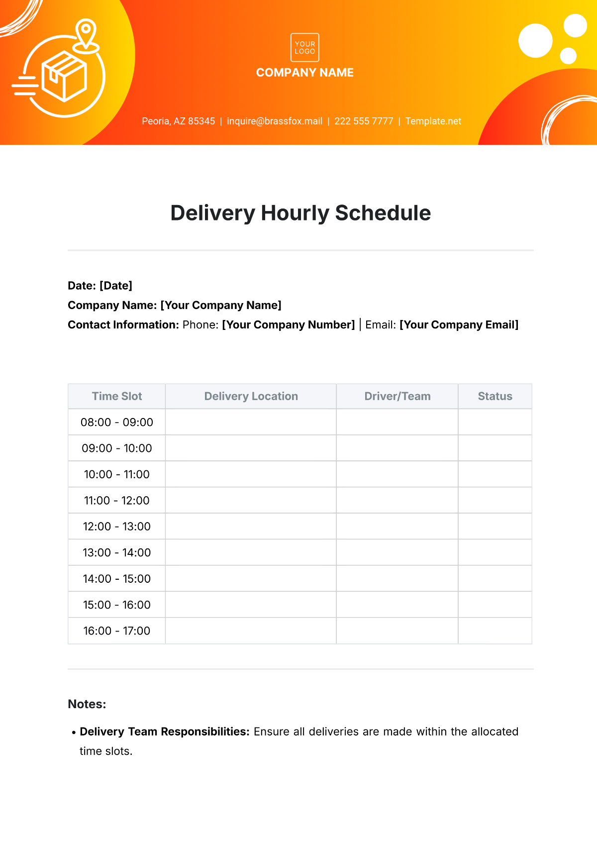 Delivery Hourly Schedule Template - Edit Online & Download