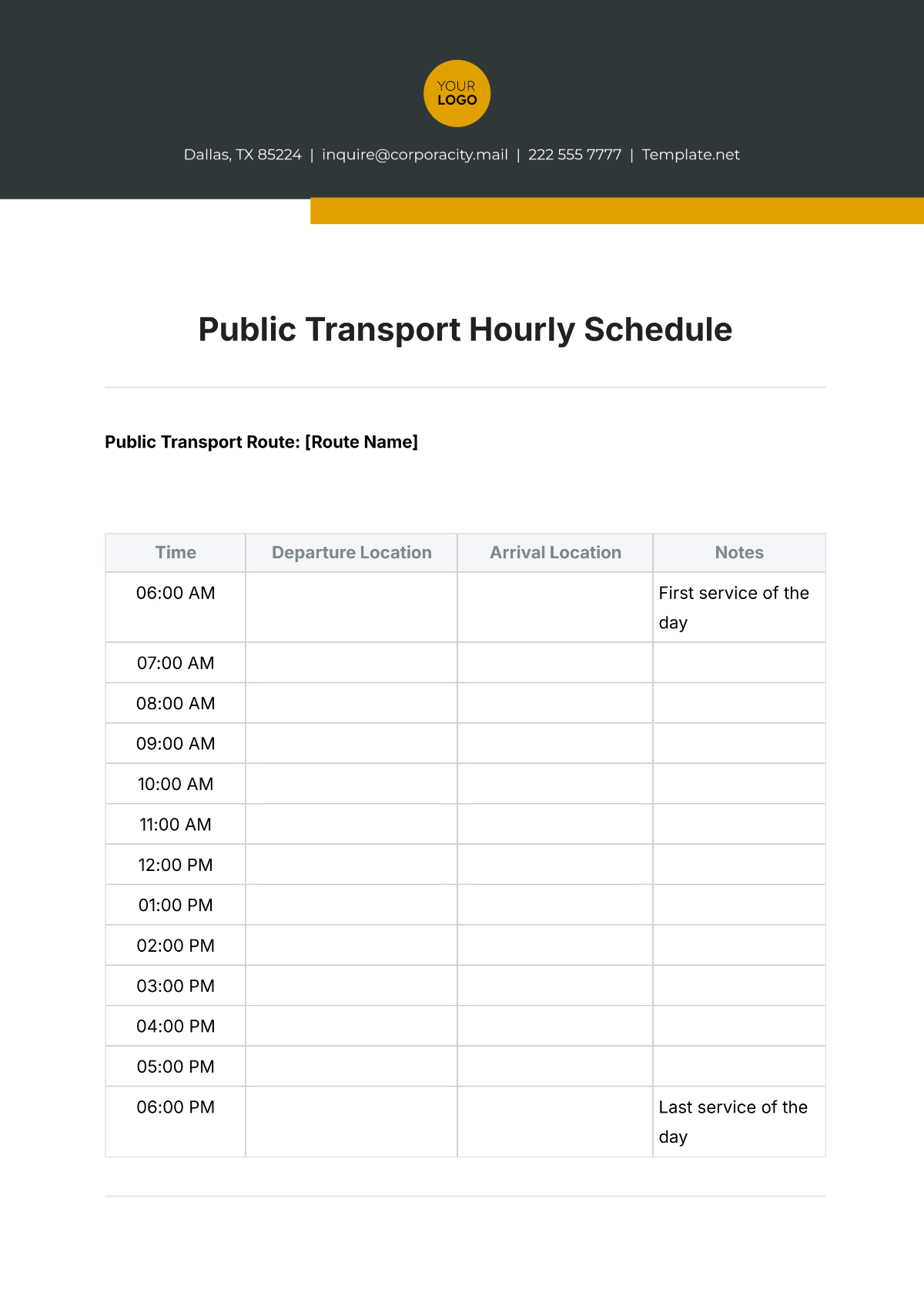 Public Transport Hourly Schedule Template - Edit Online & Download