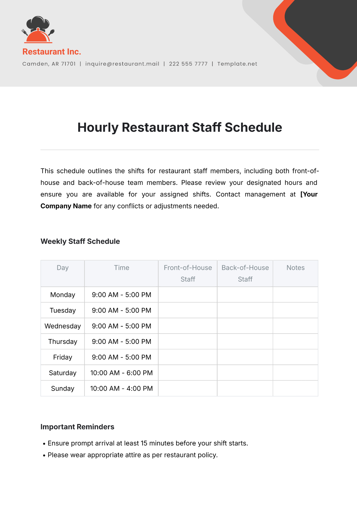 Hourly Restaurant Staff Schedule Template - Edit Online & Download