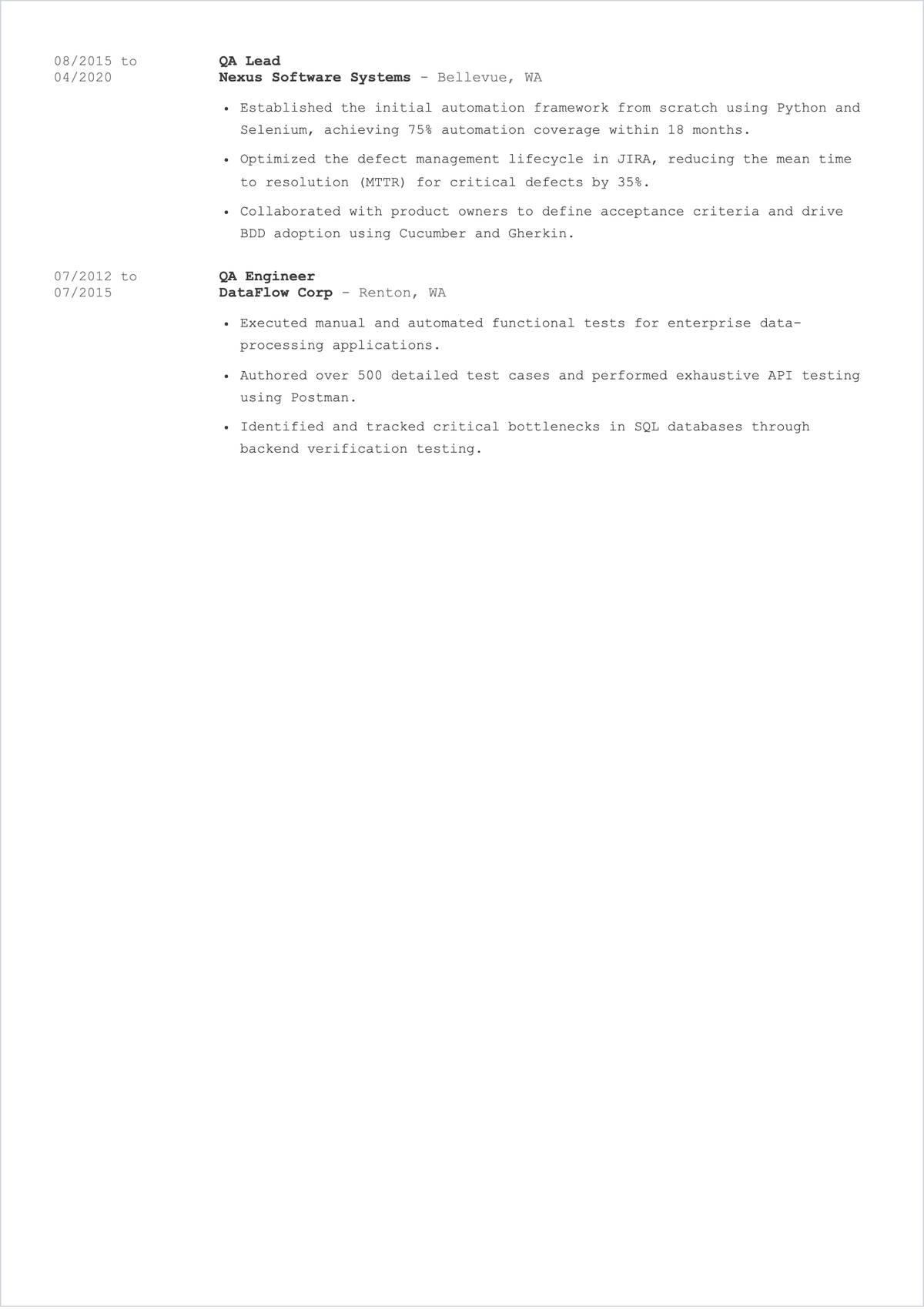 Free Senior Quality Assurance Manager ATS Resume Template