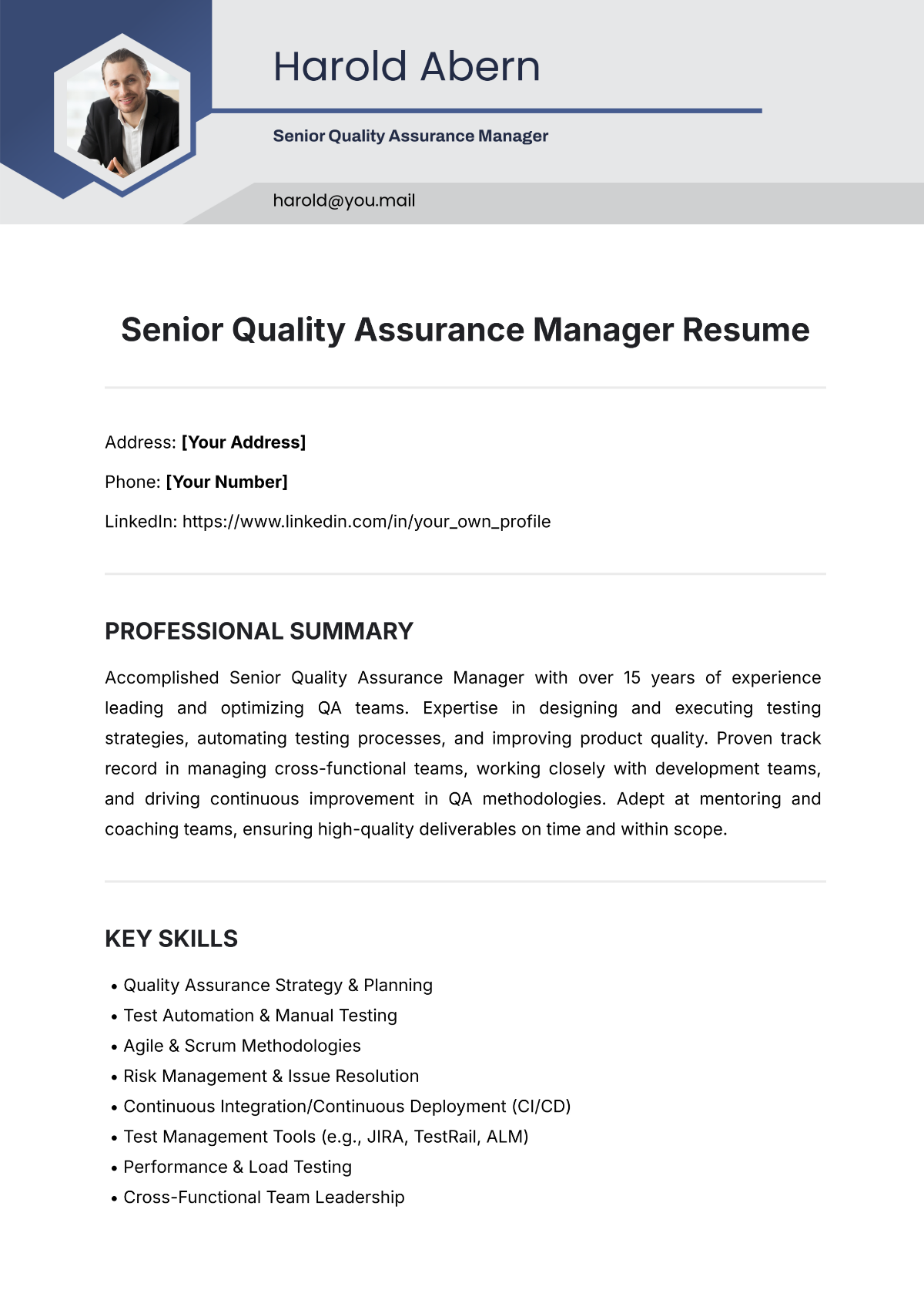 Free Senior Quality Assurance Manager Resume Template