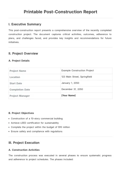 Free Printable Post-Construction Report Template to Edit Online