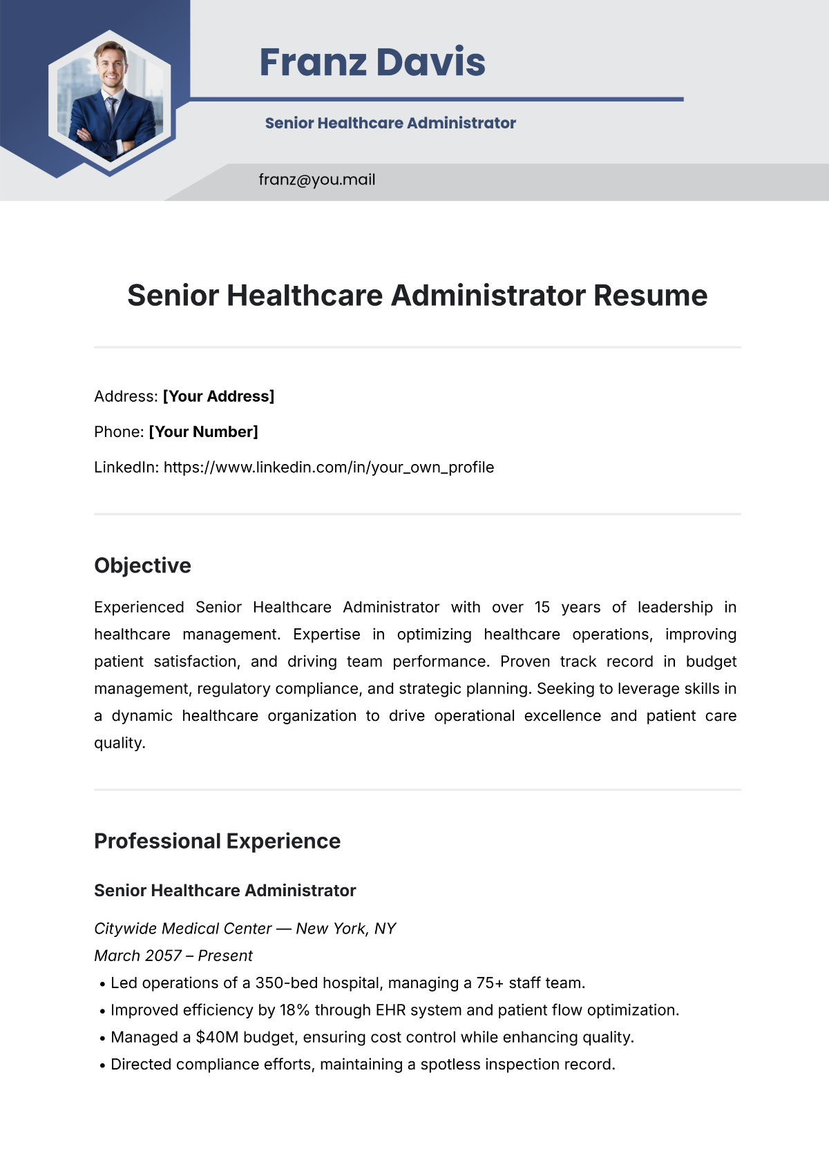 Free Senior Healthcare Administrator Resume Template