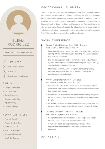 Free Aesthetic Senior UX/UI Designer ATS Resume Template