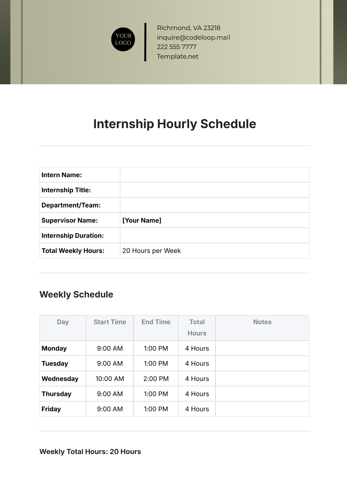 Internship Hourly Schedule Template - Edit Online & Download