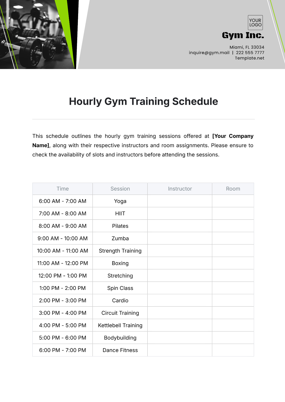 Hourly Gym Training Schedule Template - Edit Online & Download