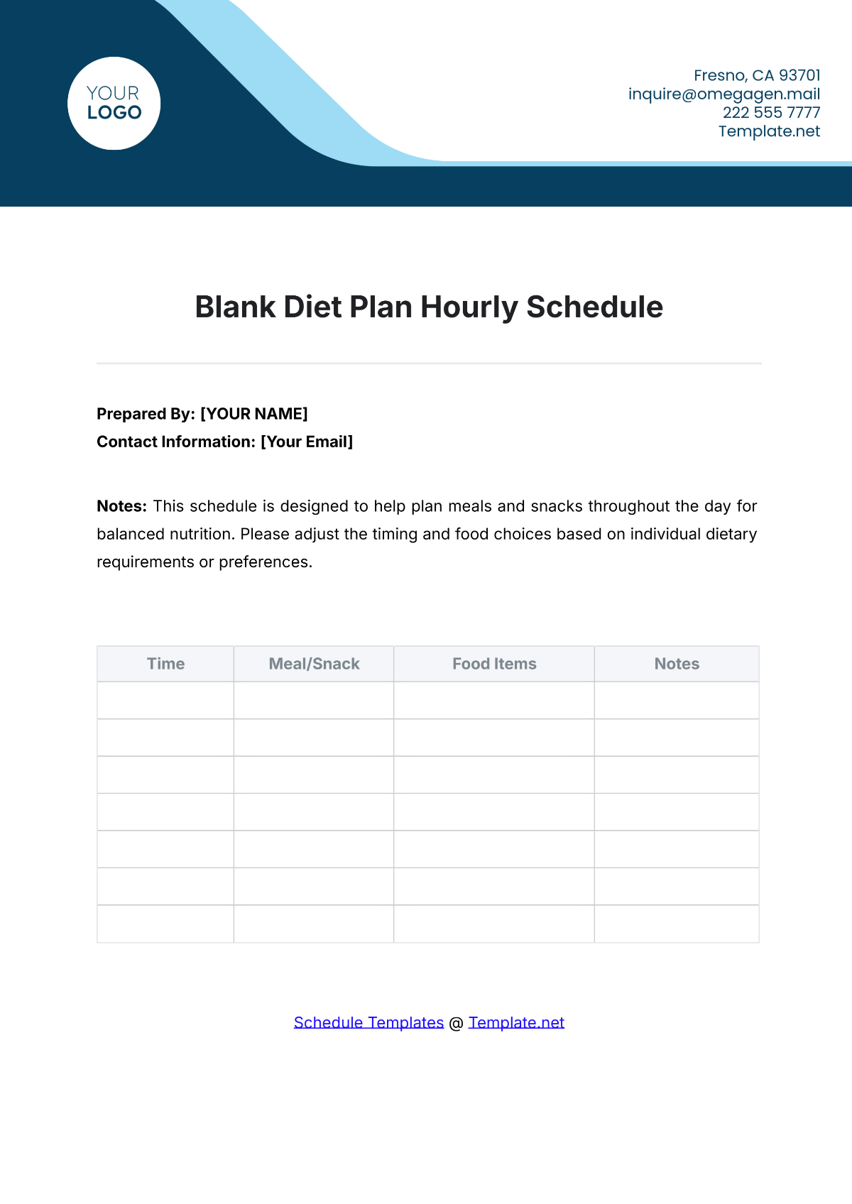 Blank Diet Plan Hourly Schedule Template - Edit Online & Download