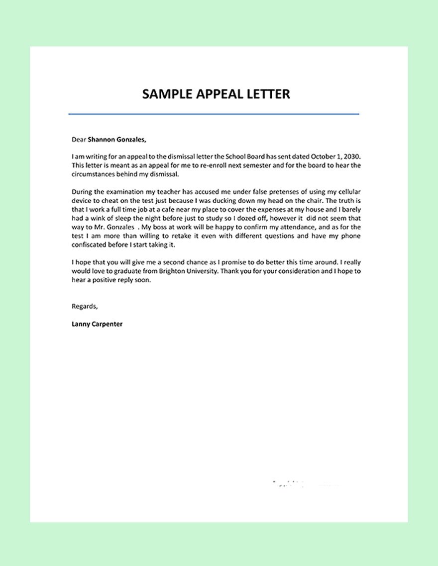 Sample Appeal Letter Template Google Docs Word Apple Pages