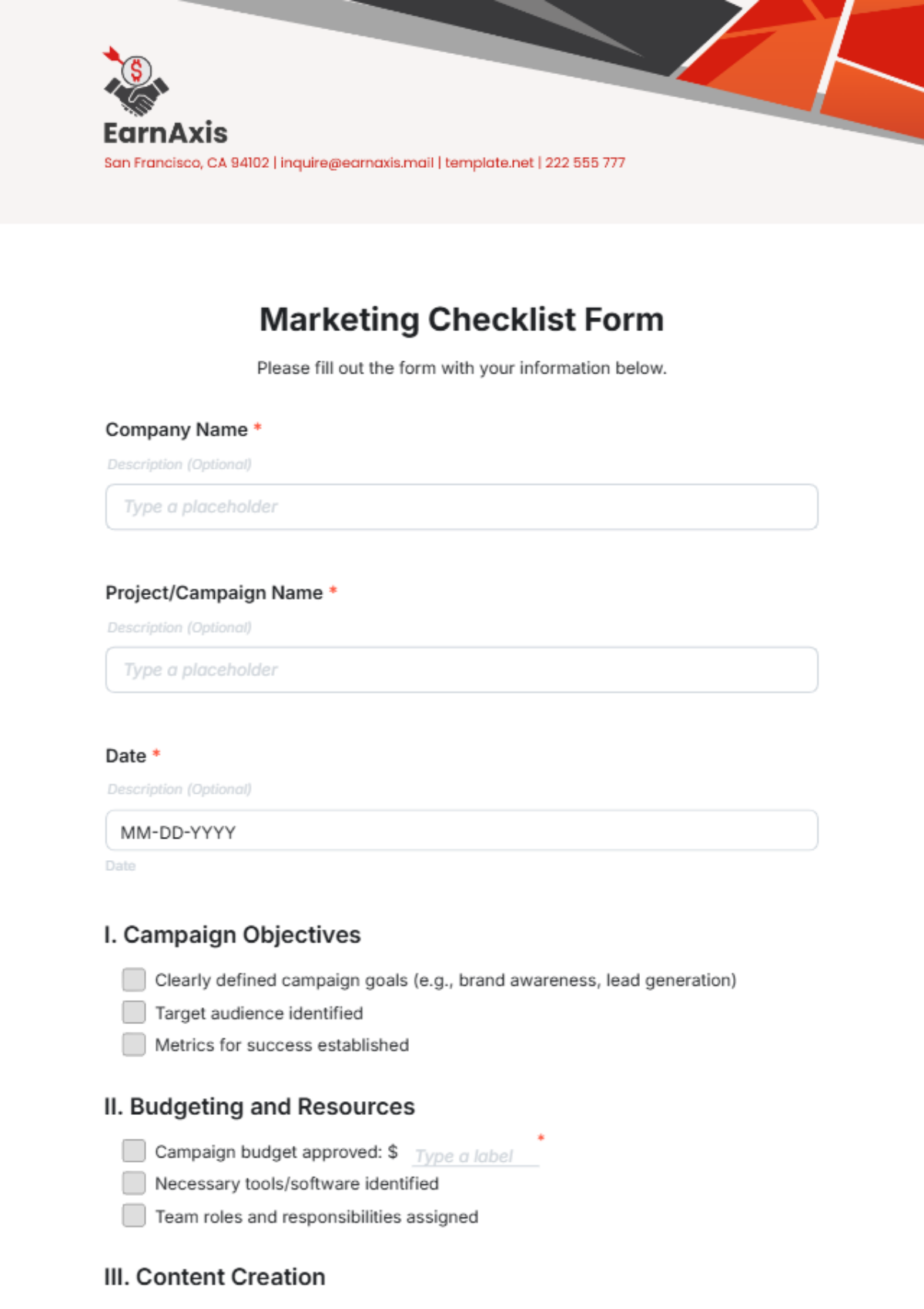 Marketing Checklist Form Template - Edit Online & Download