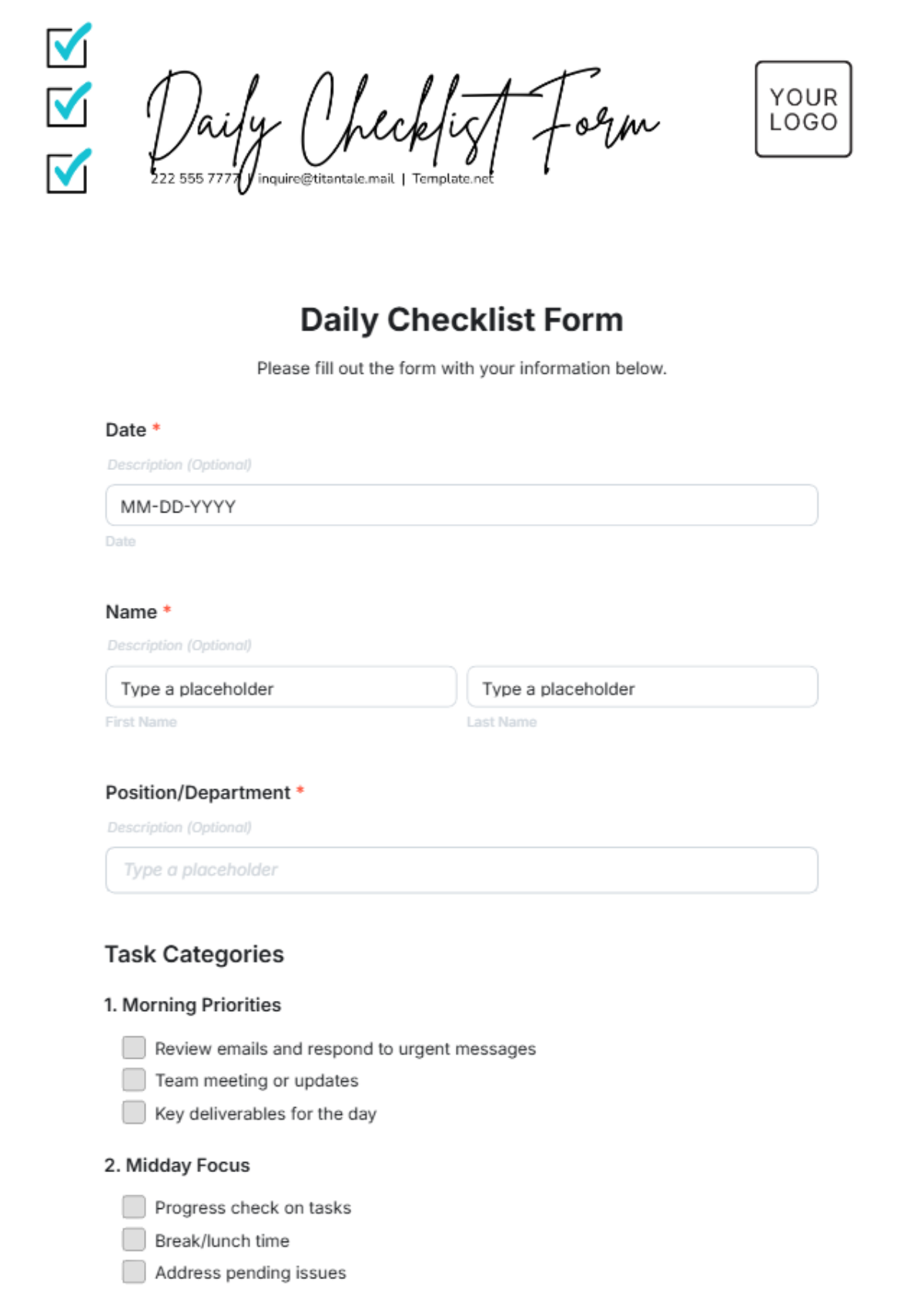 Daily Checklist Form Template - Edit Online & Download