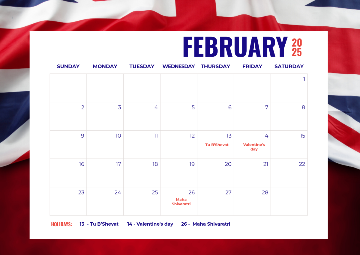 Free February 2025 Calendar with UK Holidays Template - Edit Online & Download