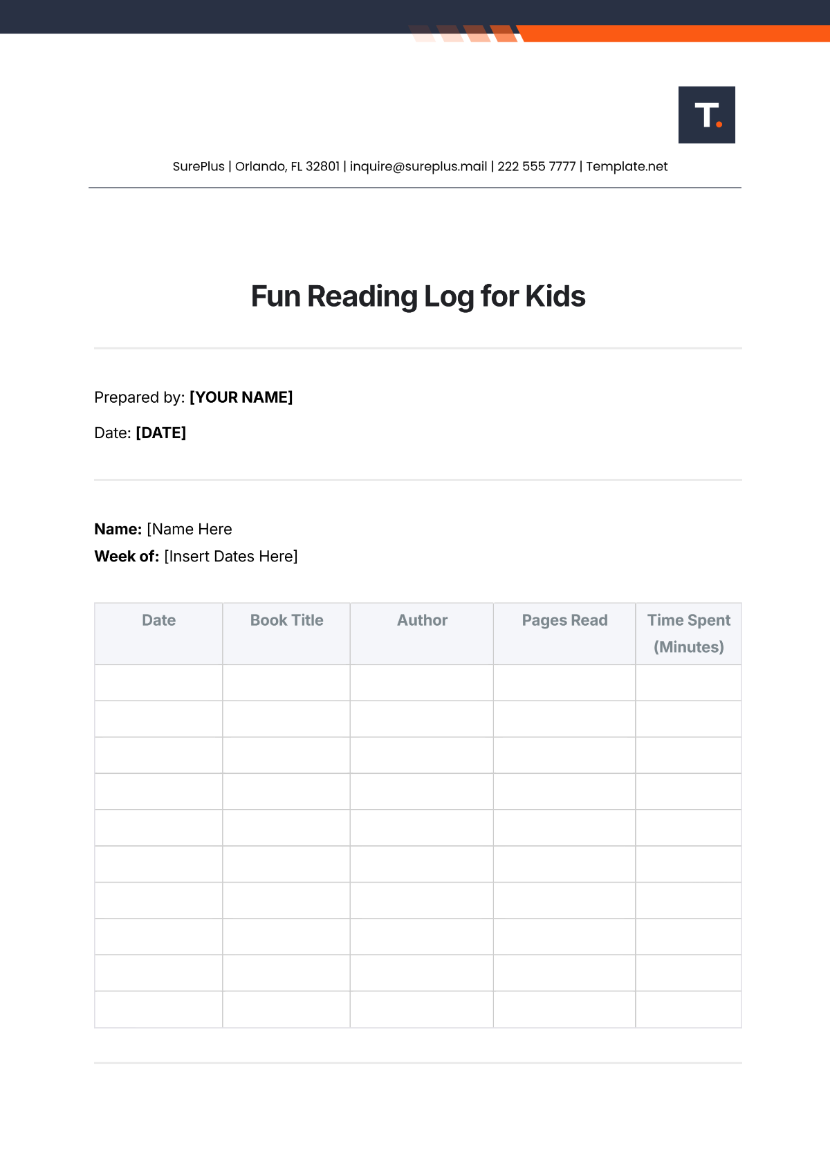 Fun Reading Log for Kids Template - Edit Online & Download