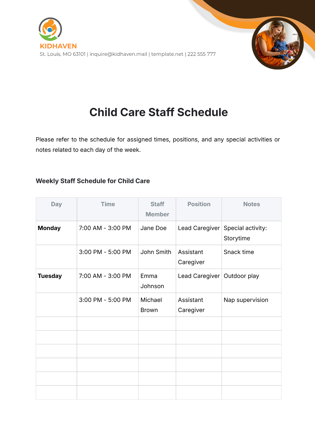 Child Care Staff Schedule Template - Edit Online & Download