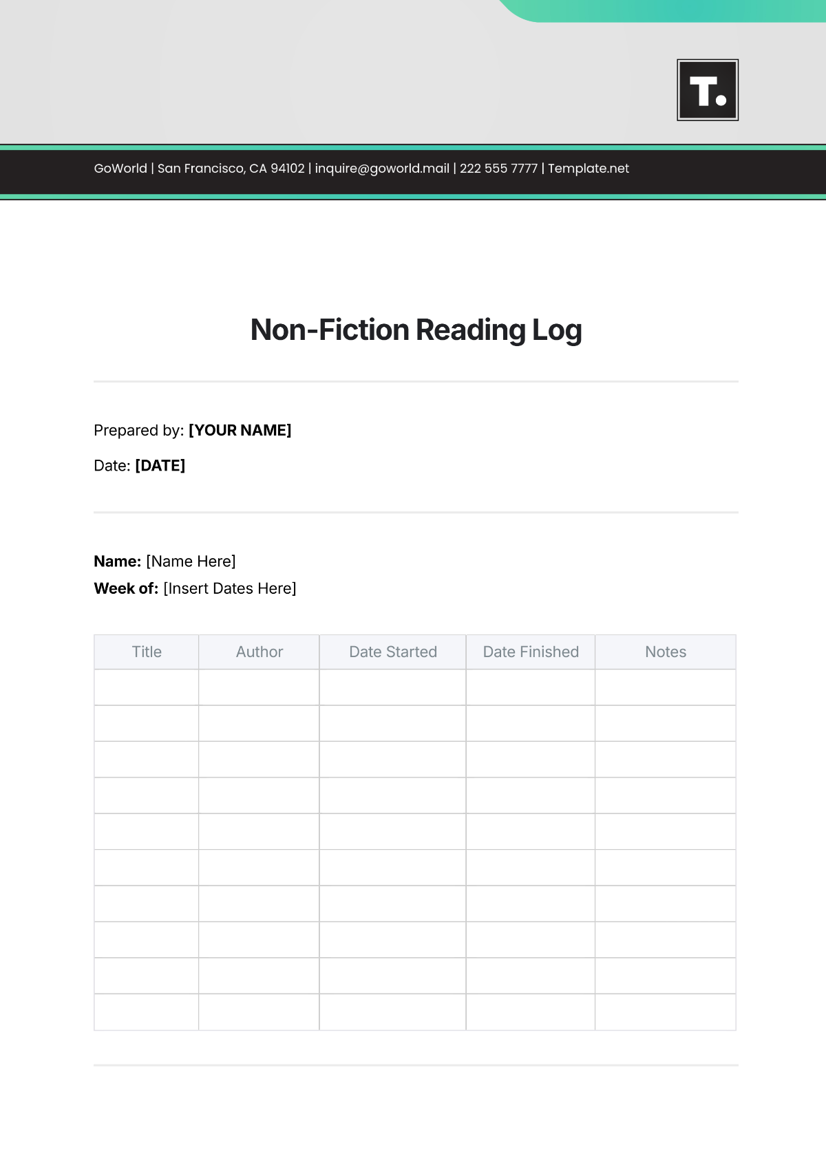 Non-fiction  Reading Log Template - Edit Online & Download