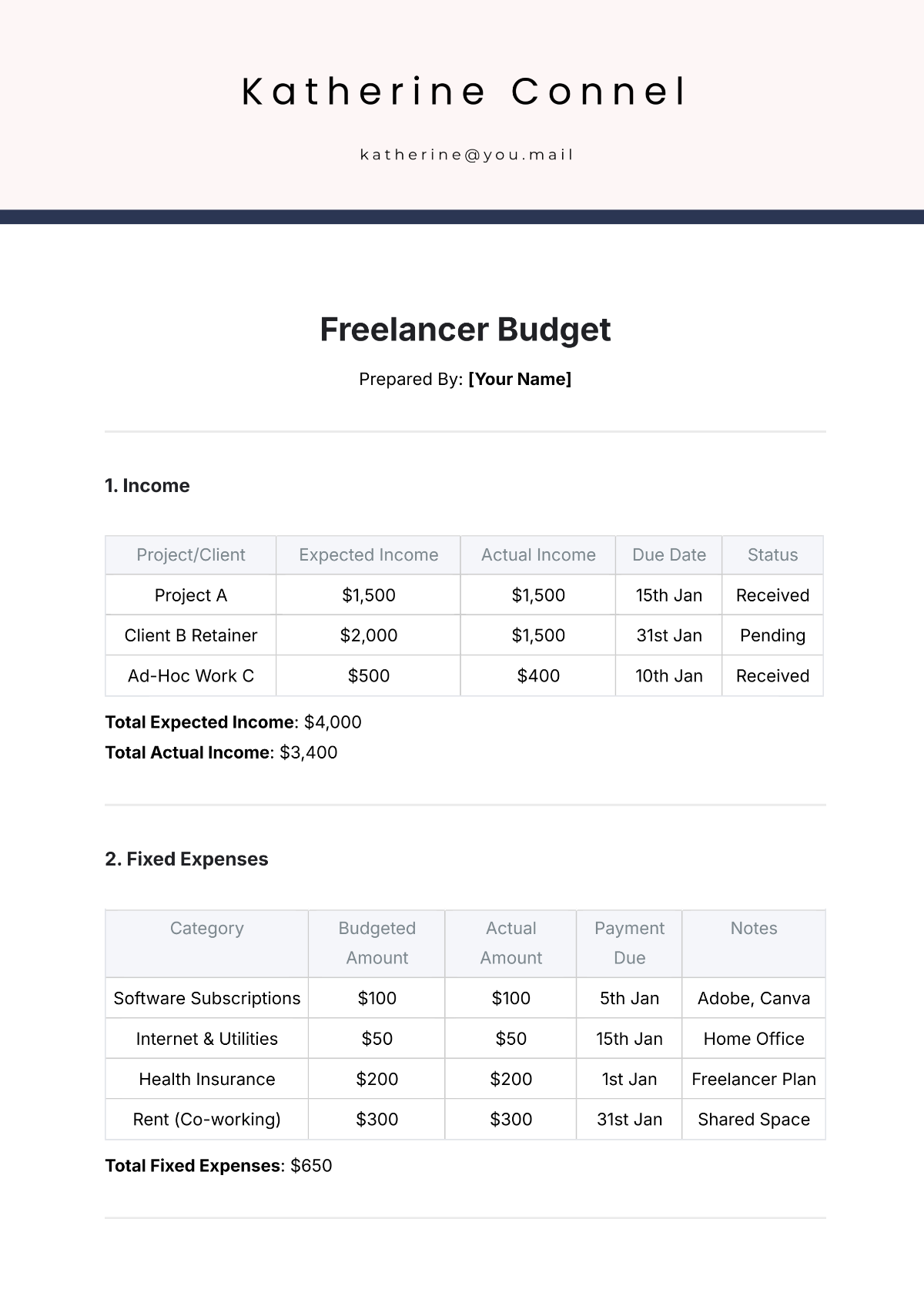 Free Freelancer Budget Template to Edit Online