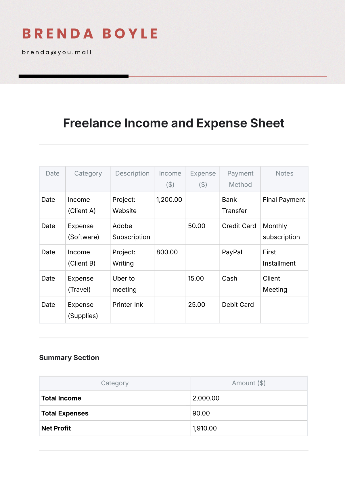 Free Freelance Income and Expense Sheet Template to Edit Online