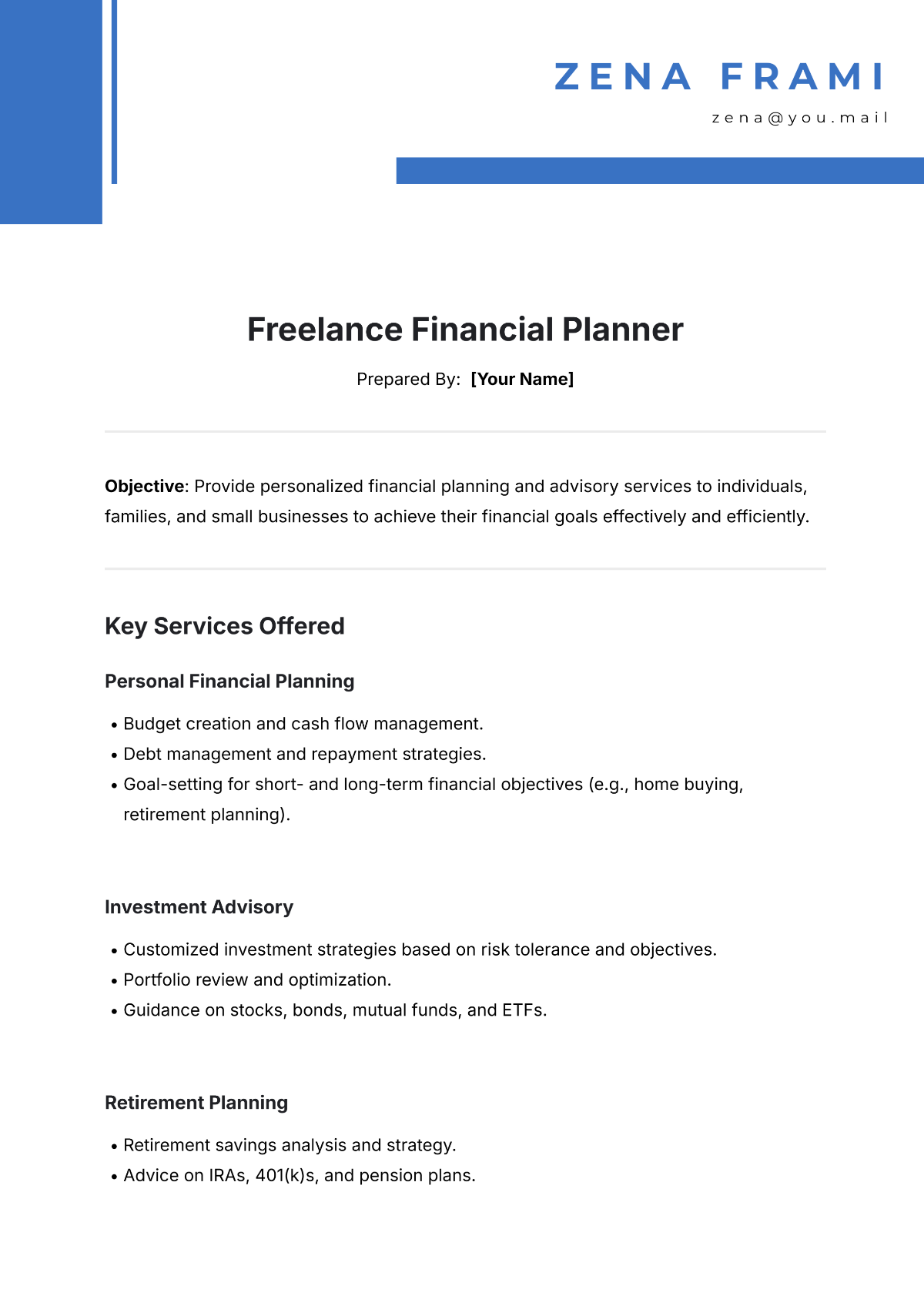 Free Freelance Financial Planner Template to Edit Online