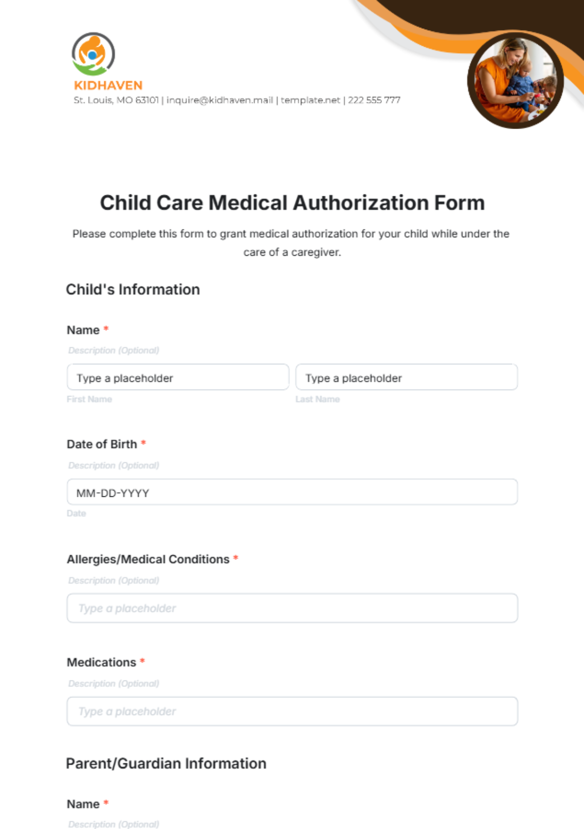 Free Child Care Medical Authorization Form Template