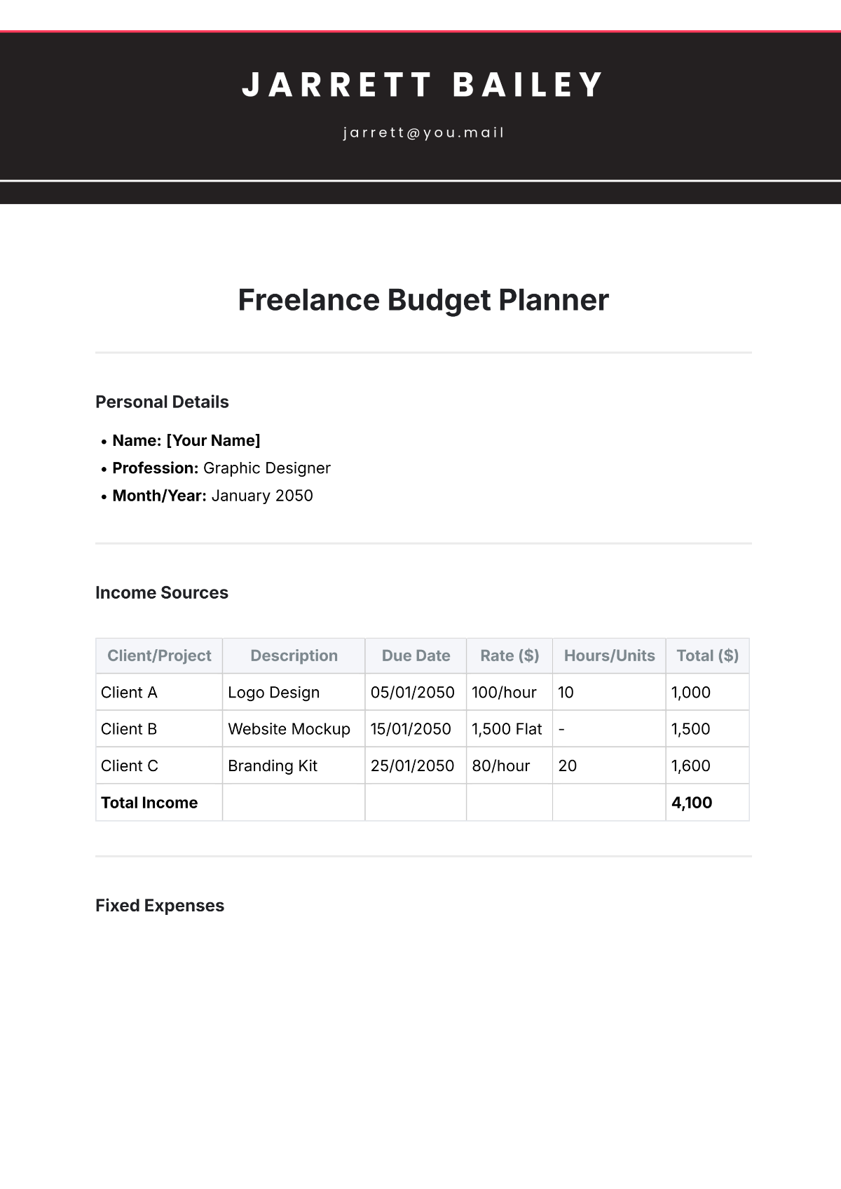 Free Freelance Budget Planner Template to Edit Online